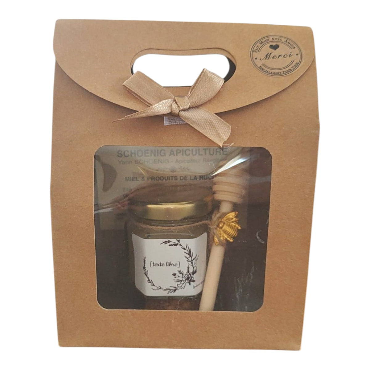 Coffret cadeau personnalisé avec mini pot de miel artisanal, étiquette texte personnalisé, cuillère à miel en bois avec breloque abeille dorée et coffret kraft à fenêtre transparente, idéal pour Noël, cadeau client ou cadeau de fin d'année.