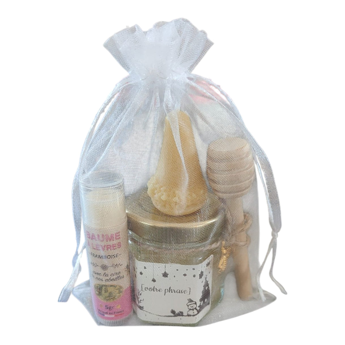 Coffret cadeau personnalisé avec mini pot de miel artisanal, baume à lèvres à la cire d'abeille, bougie artisanale et étiquette texte libre personnalisable, cadeau de remerciement et de fin d'année.