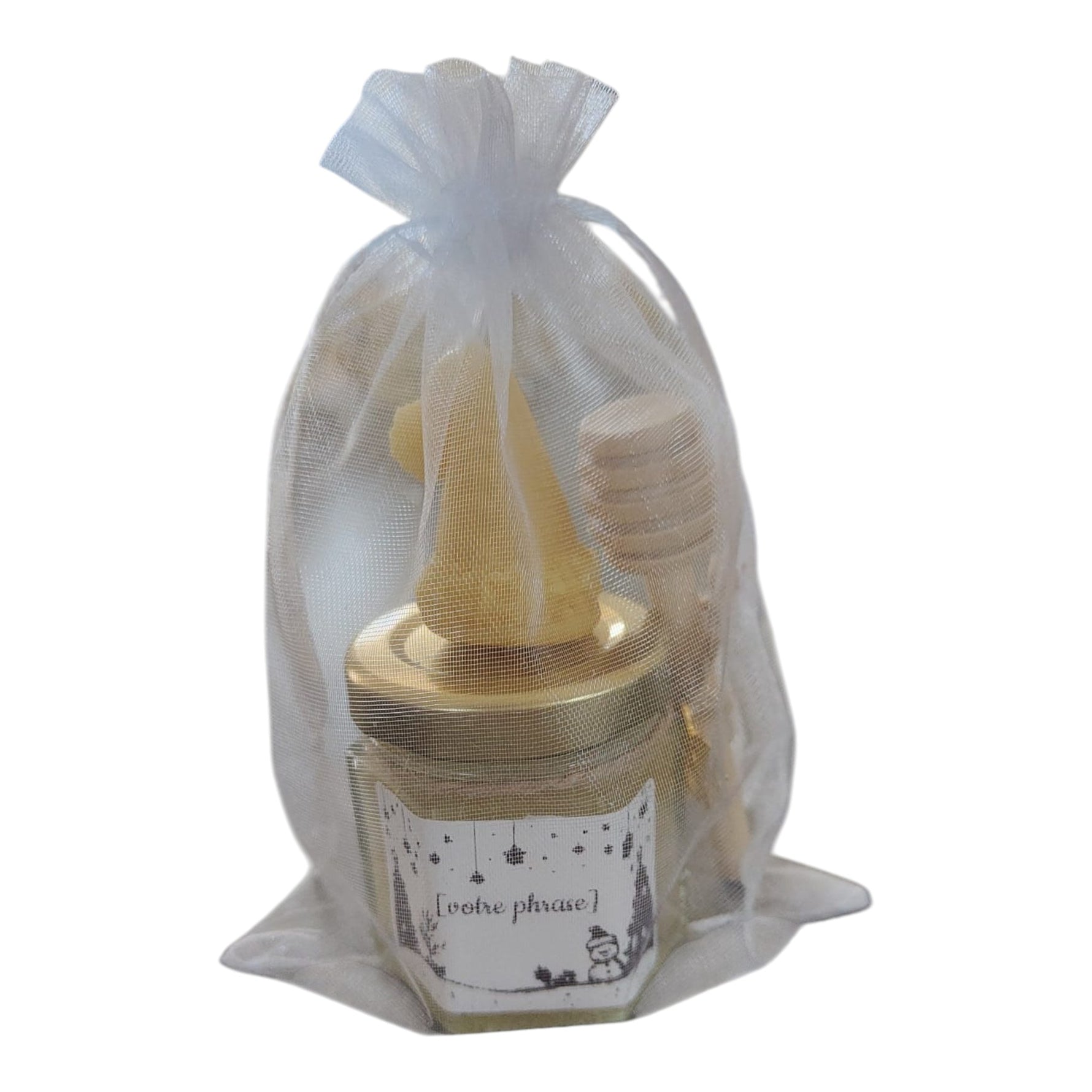 Coffret cadeau personnalisé avec mini pot de miel artisanal, bougie sapin en cire d'abeille, cuillère à miel en bois et étiquette texte libre personnalisable, cadeau de remerciement et fin d'année.