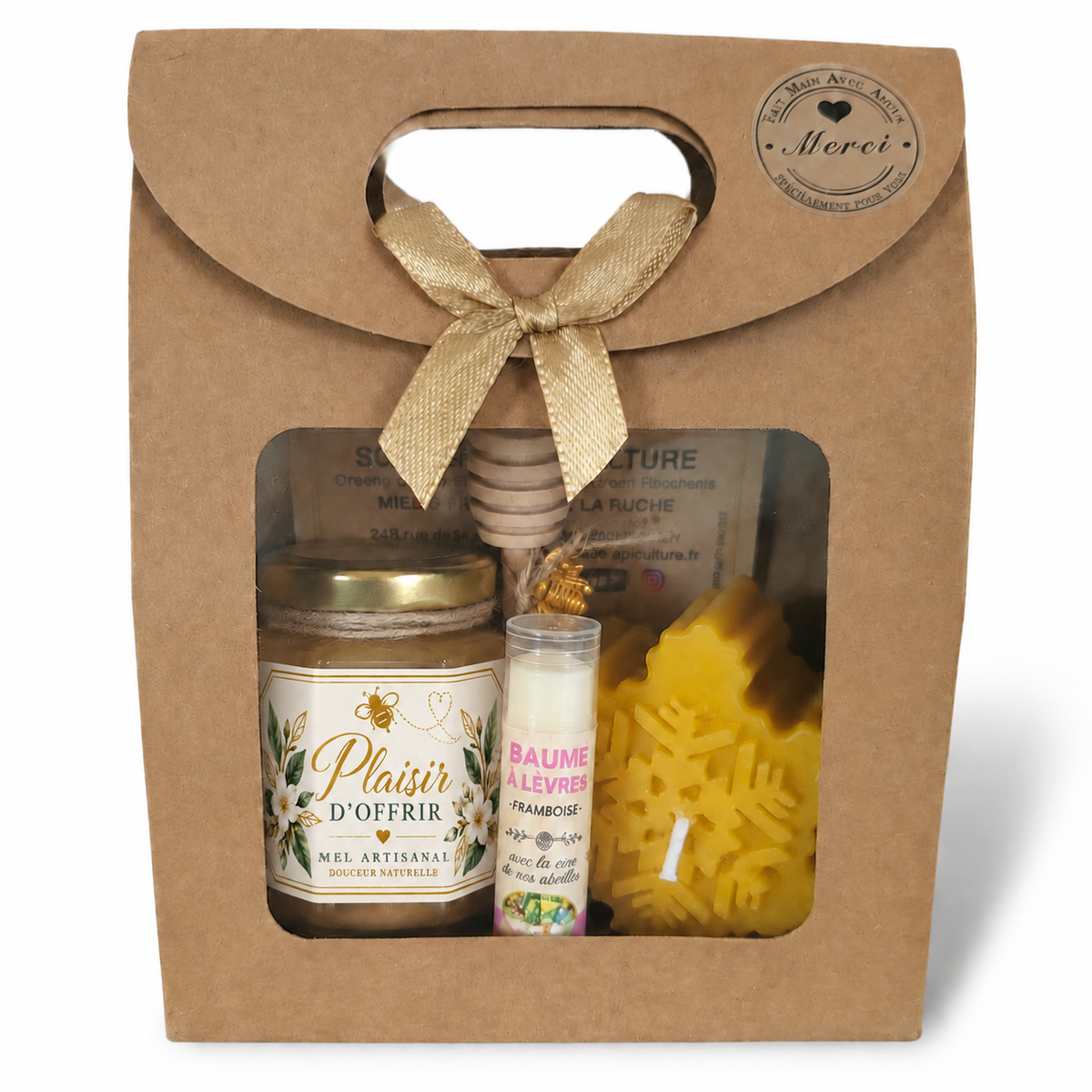 Coffret cadeau plaisir d’offrir avec miel artisanal français, bougie en cire d’abeille et accessoires