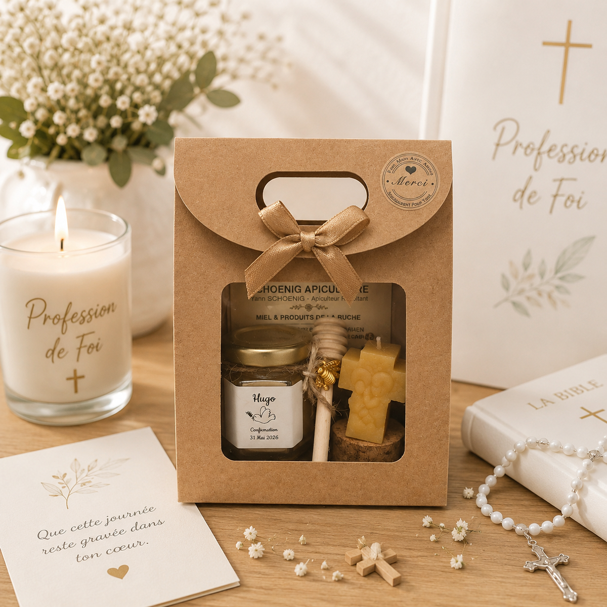 Coffret cadeau personnalisé pour profession de foi ou communion avec pot de miel, bougie croix en cire d’abeille, cuillère à miel en bois, présenté dans une ambiance élégante aux inspirations religieuses.