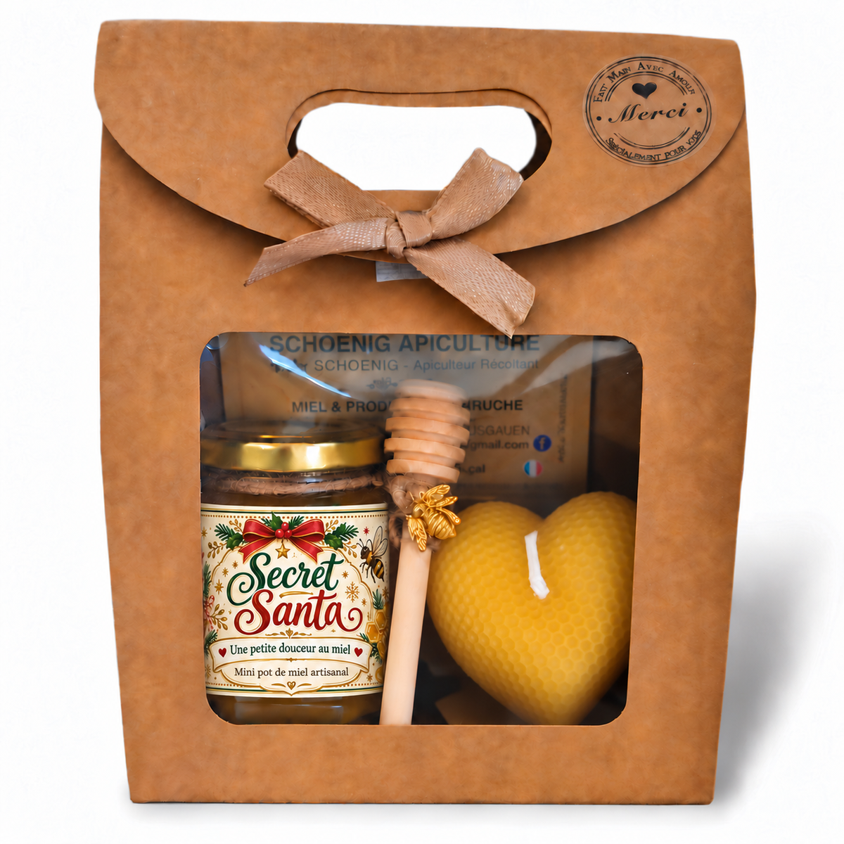 Coffret cadeau Secret Santa avec mini pot de miel artisanal personnalisé, bougie cœur gaufré en cire d’abeille et cuillère à miel, présenté dans un emballage kraft.