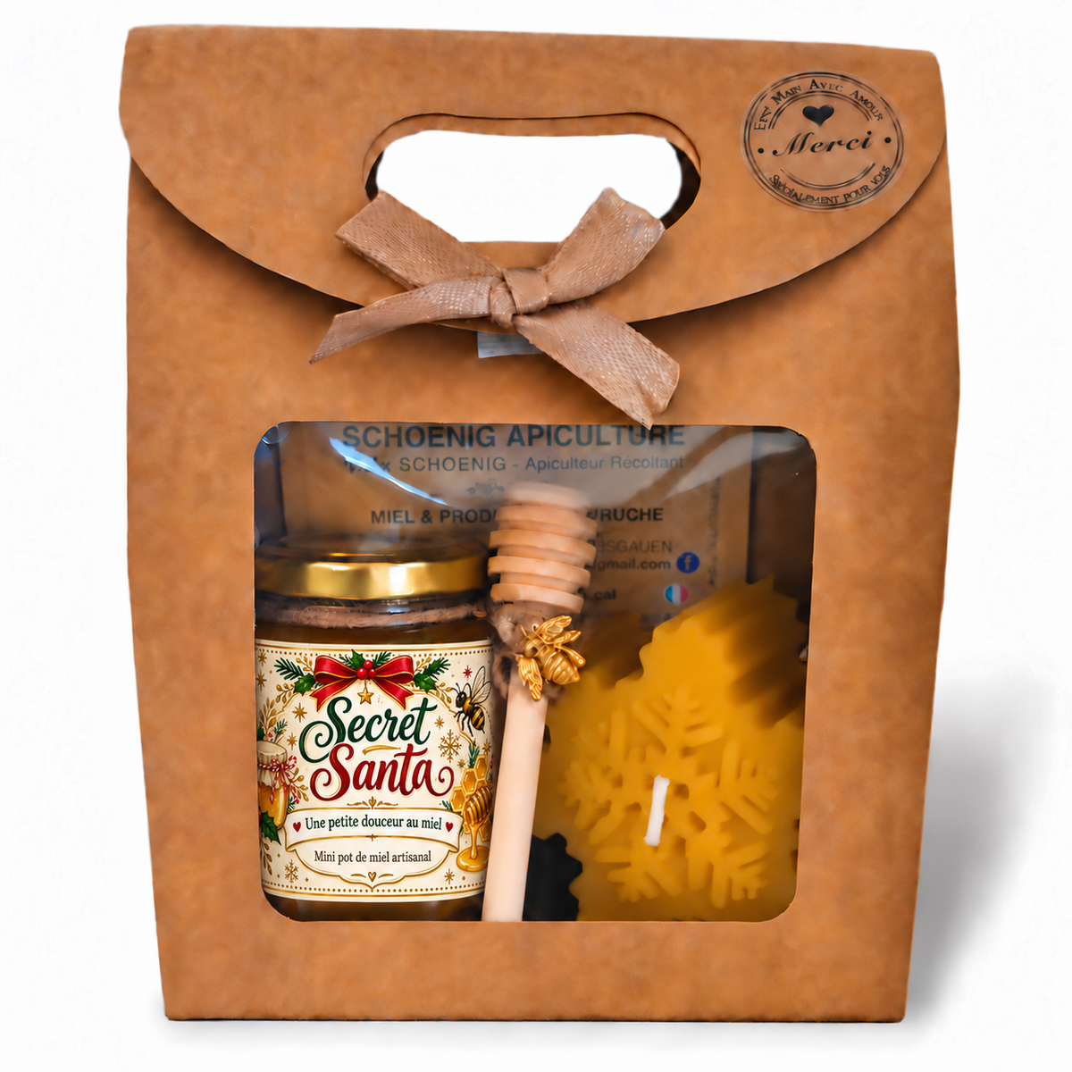 Coffret cadeau Secret Santa avec mini pot de miel artisanal personnalisé, bougie flocon de neige et cuillère à miel, dans un emballage kraft.