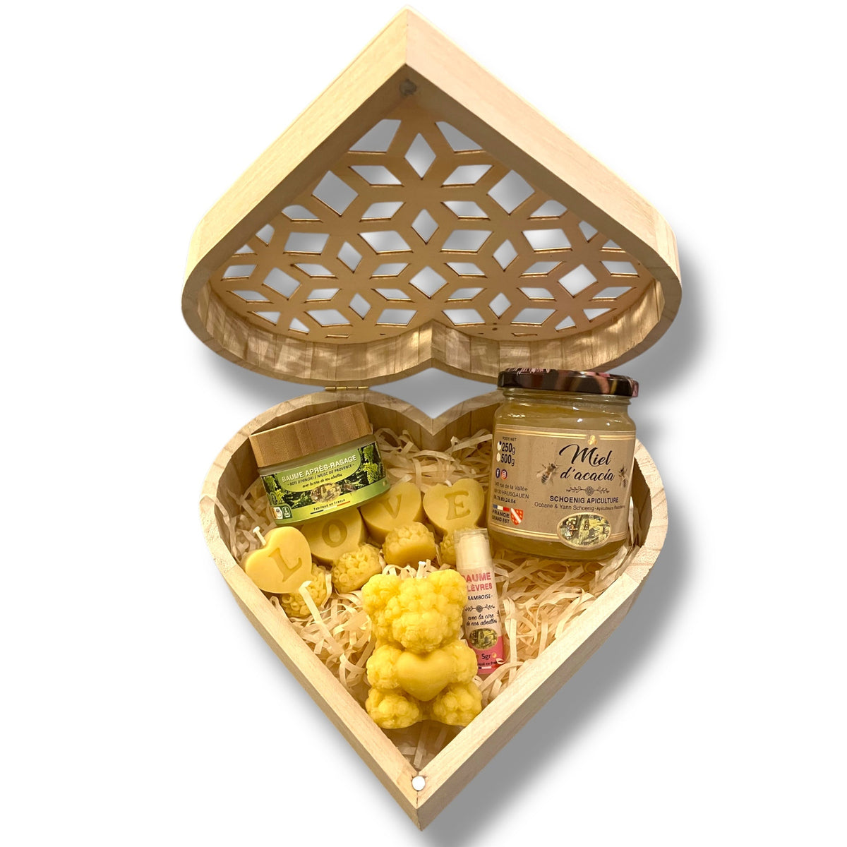 Coffret cœur artisanal de la ruche – Miel et douceurs apicoles - schoenig apiculture