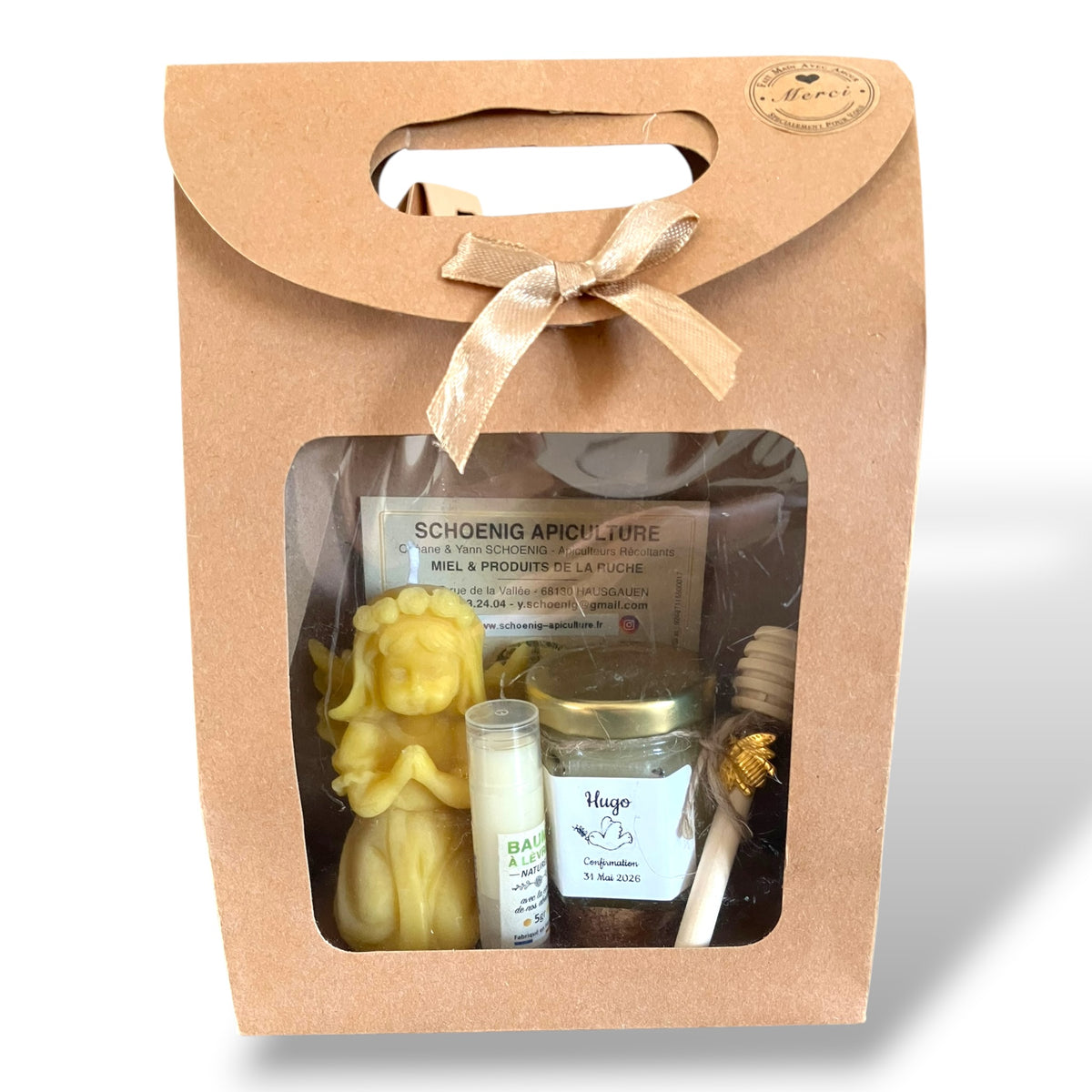 Coffret cadeau communion avec miel artisanal, baume à lèvres naturel et bougie ange en cire d’abeille