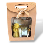 Coffret cadeau communion avec miel artisanal, baume à lèvres naturel et bougie ange en cire d’abeille