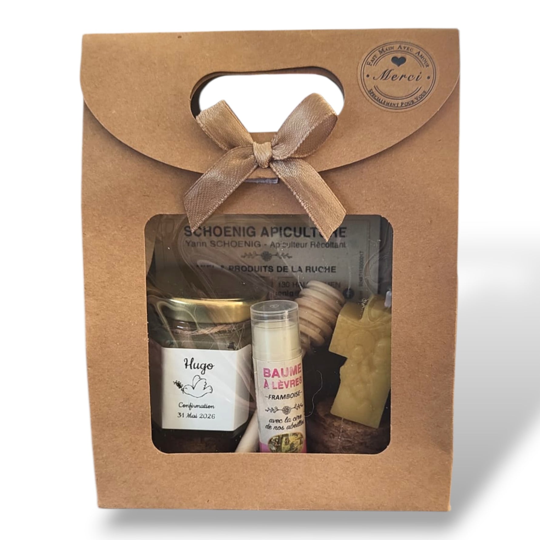 Idée cadeau communion avec coffret miel artisanal, baume à lèvres et bougie ange en cire d’abeille