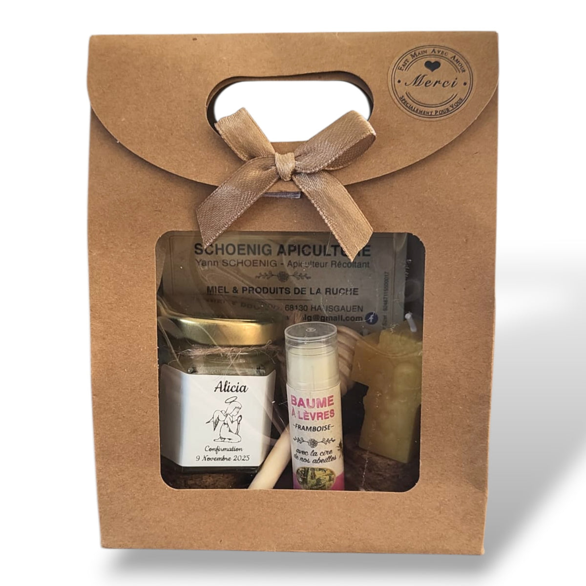 Idée cadeau confirmation enfant avec coffret miel, baume à lèvres et bougie ange artisanale