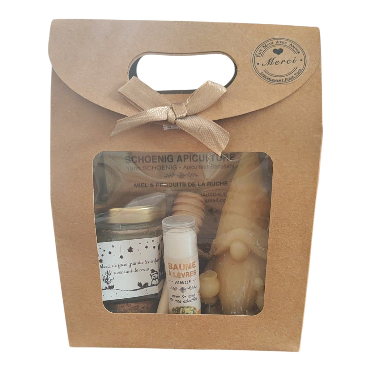 Coffret cadeau avec miel, baume vanille, bougie lutin et étiquette Merci de faire grandir les enfants avec tant de cœur.