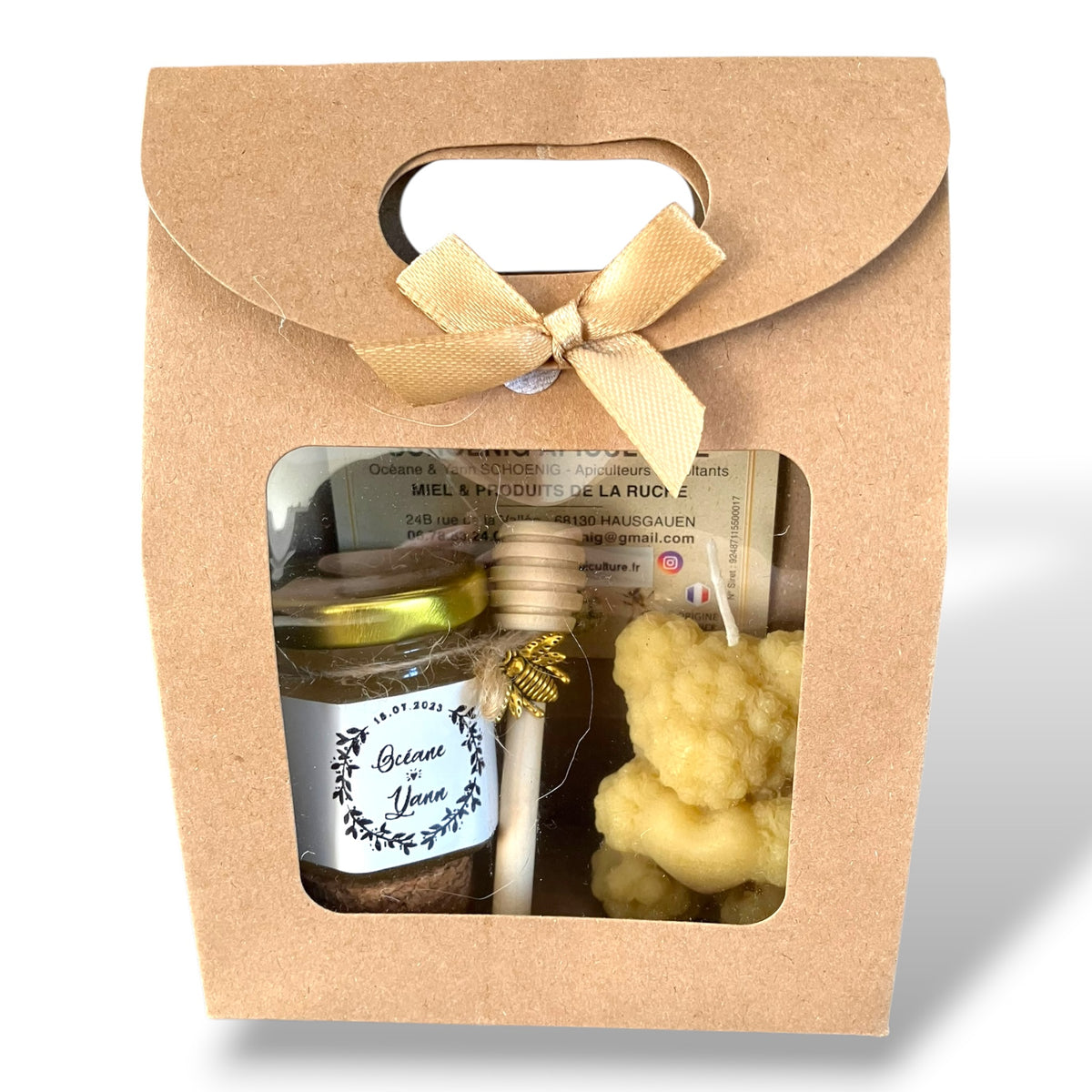 coffret cadeau mariage artisanal avec miel personnalisé et bougie en cire d’abeille naturelle fait main