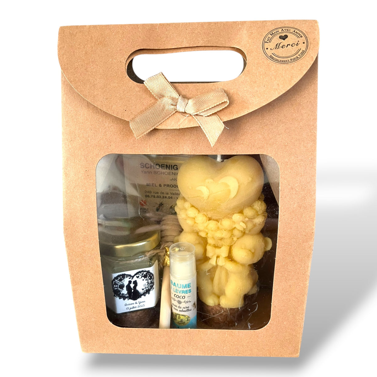 Coffret mariage invités avec miel artisanal, baume à lèvres et bougie ange avec cœur