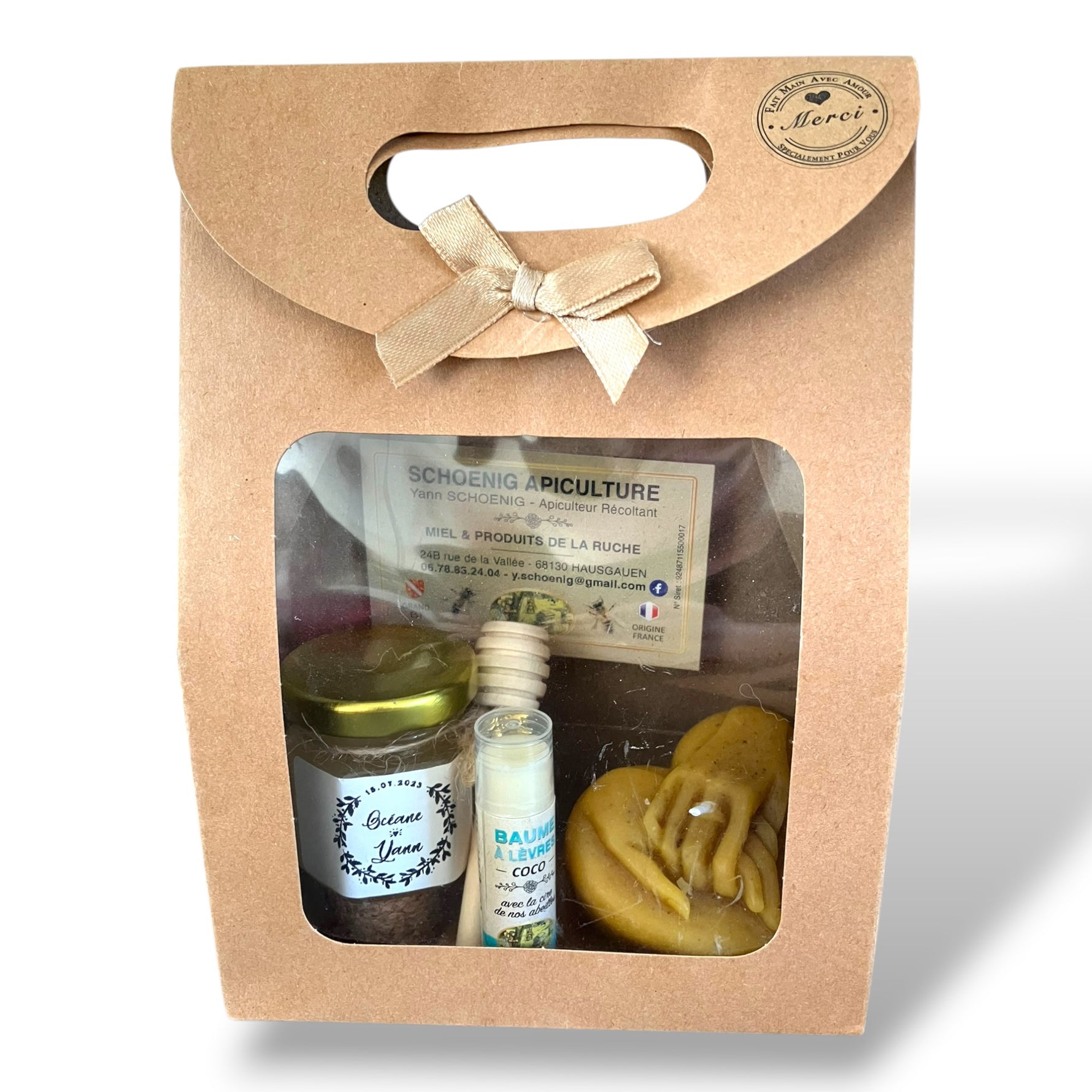 Coffret cadeau mariage invités avec miel, baume à lèvres et bougie artisanale main cœur