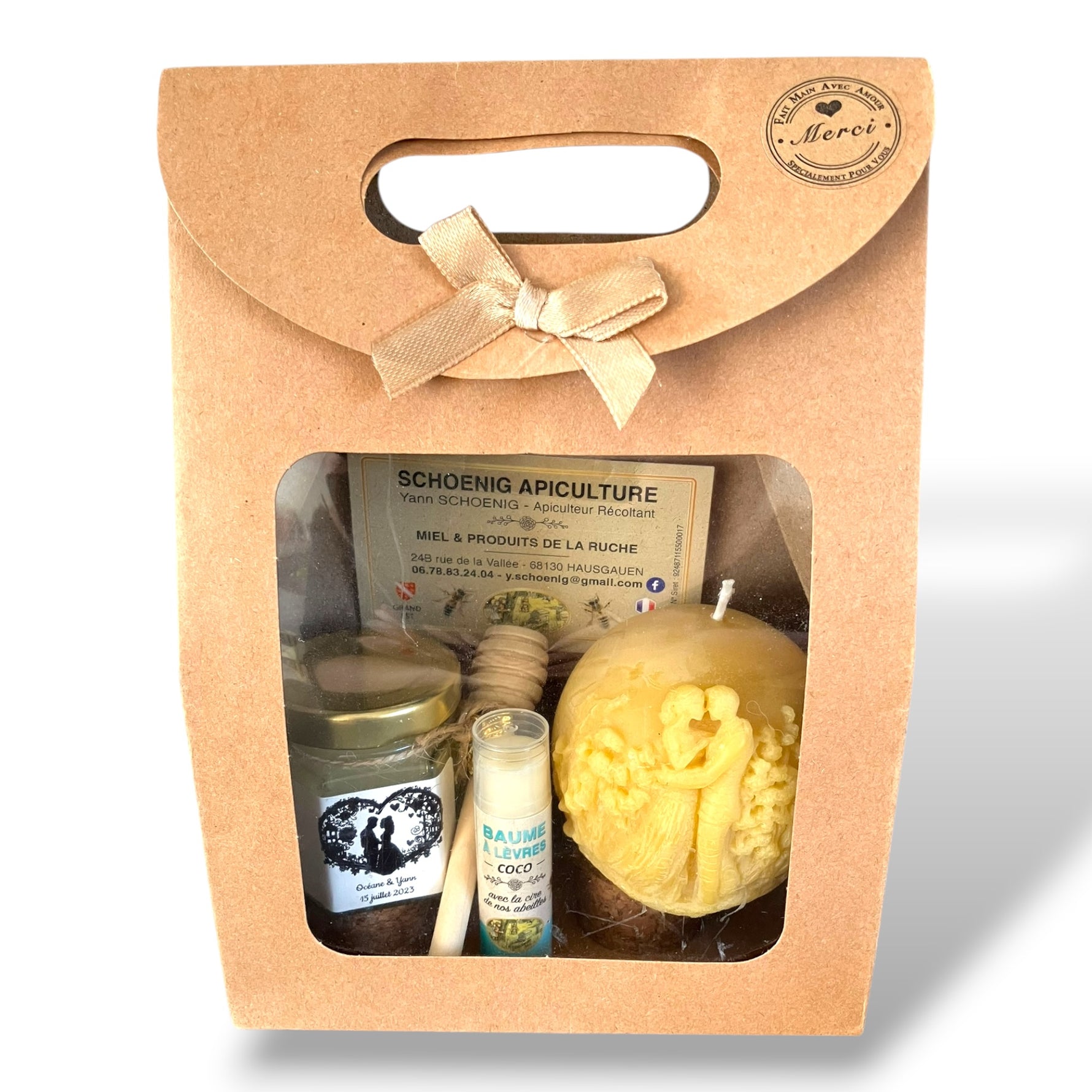 Coffret mariage pour invités avec miel de la ruche, baume à lèvres et bougie couple en cire
