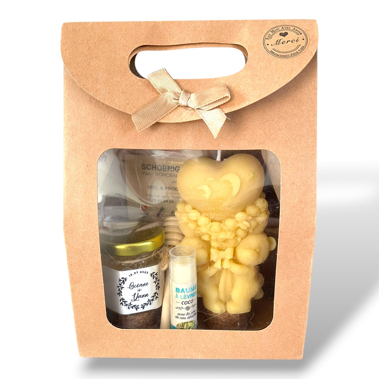 Coffret mariage merci invités avec miel, baume à lèvres et bougie cœur en cire naturelle