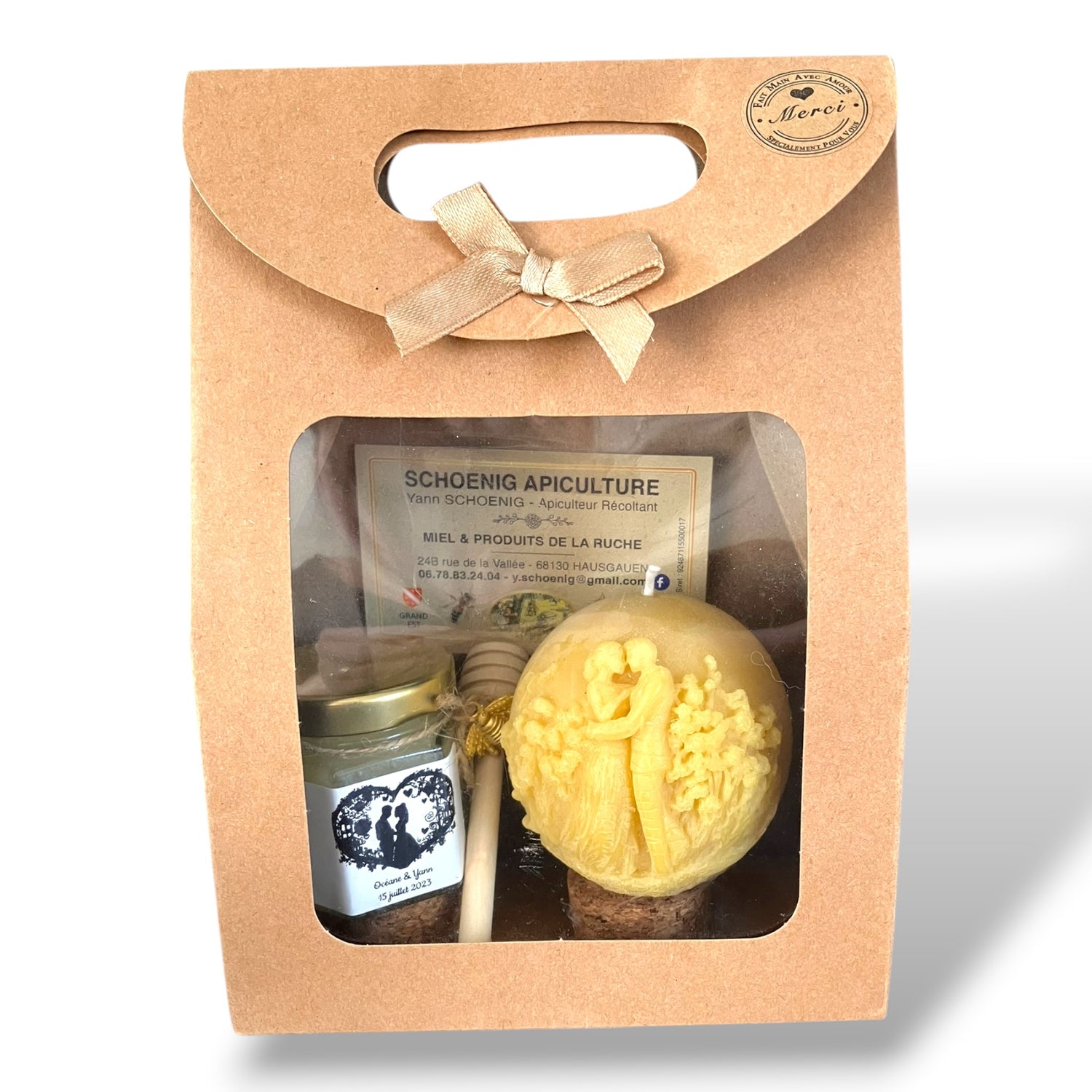 coffret cadeau mariage personnalisé miel artisanal et bougie cire d’abeille motif couple