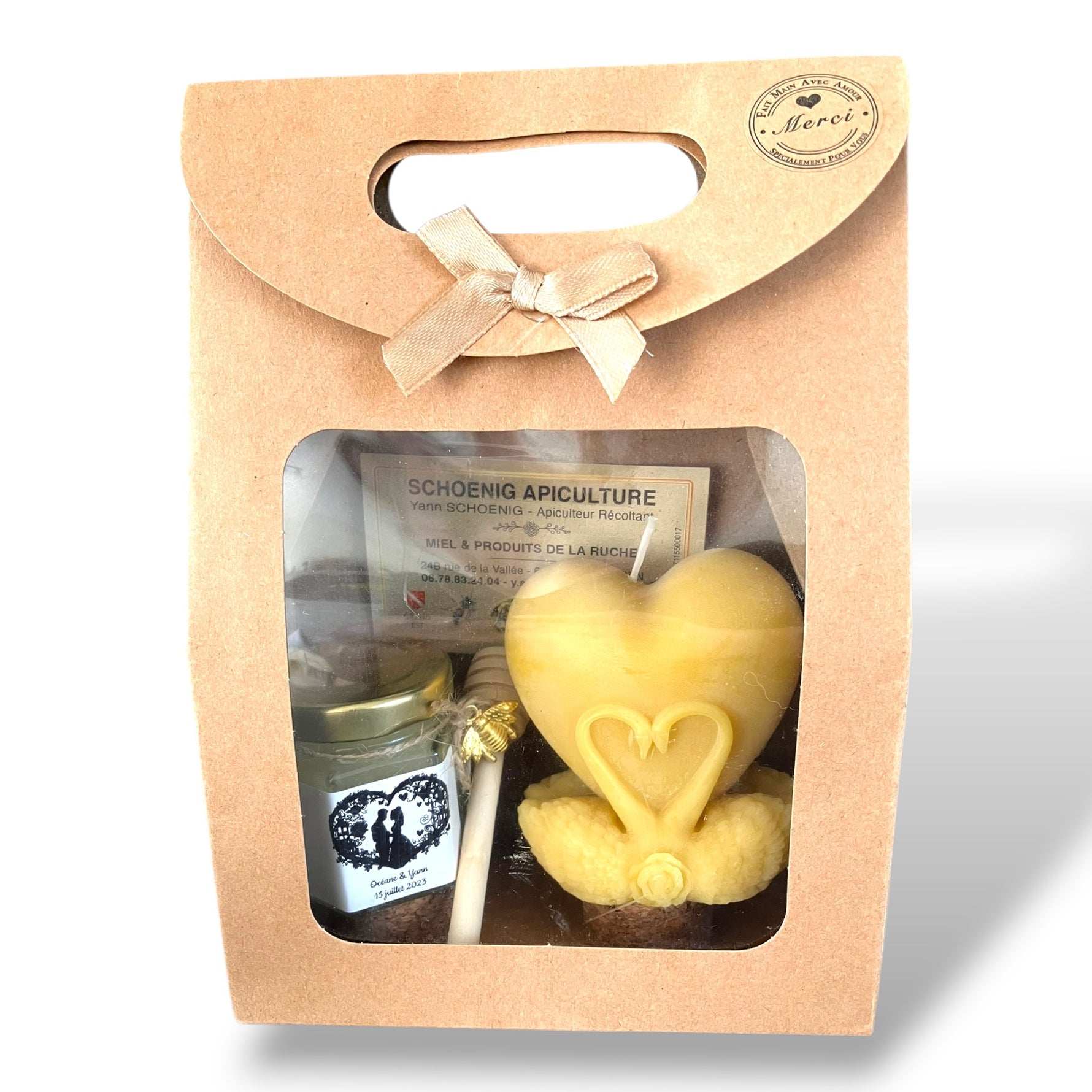 coffret mariage personnalisé miel artisanal et bougie cœur en cire d’abeille