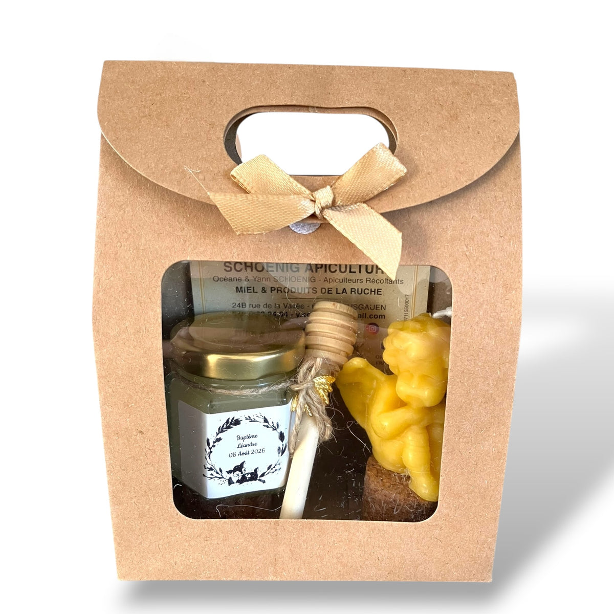 Coffret merci invité baptême avec bougie ange en cire d’abeille et miel personnalisé, souvenir naturel et artisanal