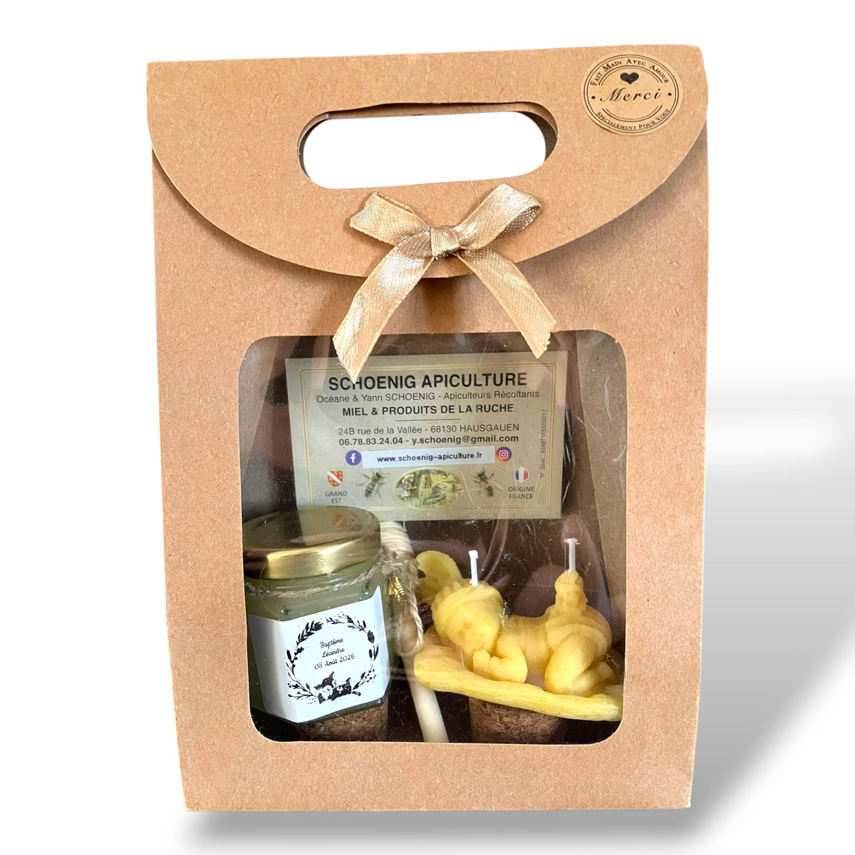 Coffret cadeau invité baptême avec message merci, miel personnalisé et bougie en cire d’abeille naturelle fait main