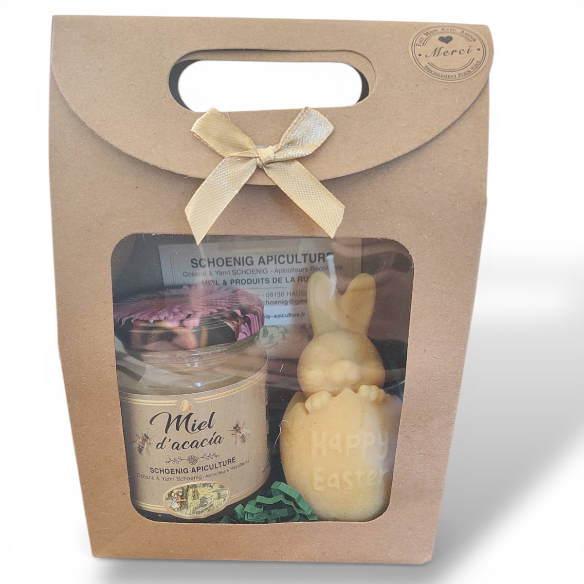 Détail coffret avec pot de miel acacia et bougie cadeau artisanal naturel