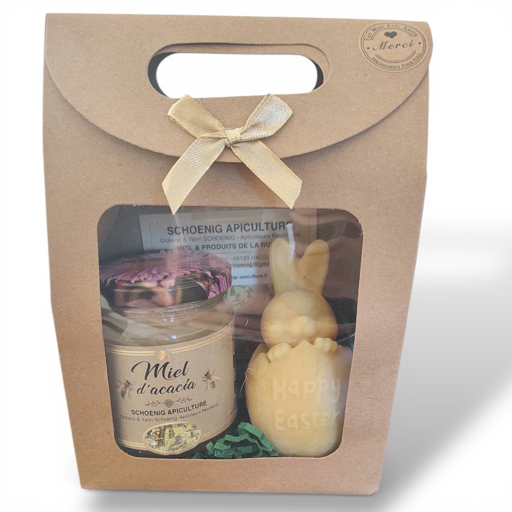 Détail coffret avec pot de miel acacia et bougie cadeau artisanal naturel