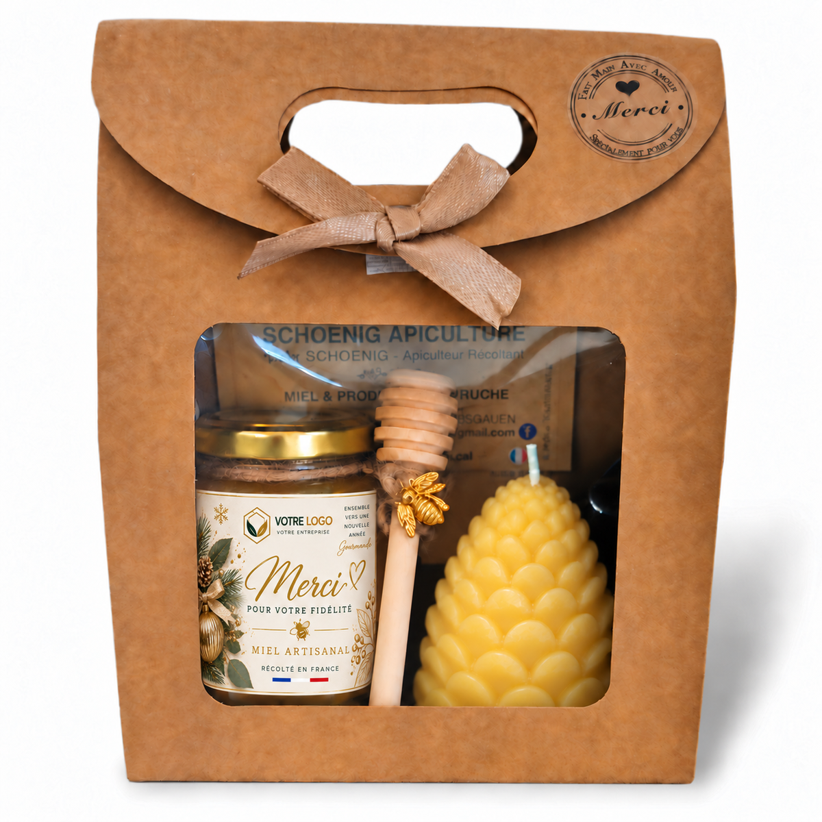 Coffret cadeau personnalisé avec pot de miel artisanal français, étiquette Merci pour votre fidélité, cuillère à miel et bougie pomme de pin en cire d’abeille dans une boîte kraft.