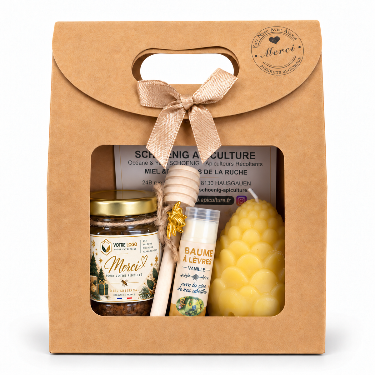 Coffret cadeau client entreprise avec miel artisanal personnalisé, bougie cire d'abeille et baume à lèvres naturel