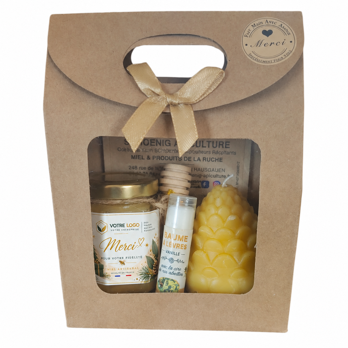 Coffret cadeau client entreprise avec miel artisanal personnalisé, bougie cire d'abeille et baume à lèvres naturel
