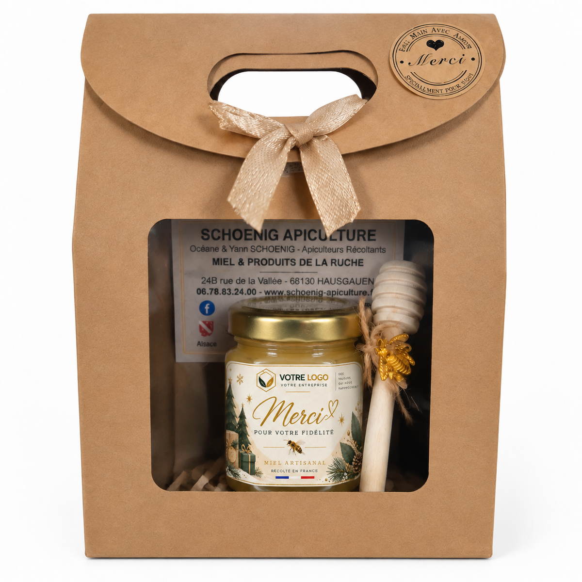 Coffret cadeau entreprise avec mini pot de miel artisanal personnalisé Merci pour votre fidélité, emballage kraft avec cuillère à miel