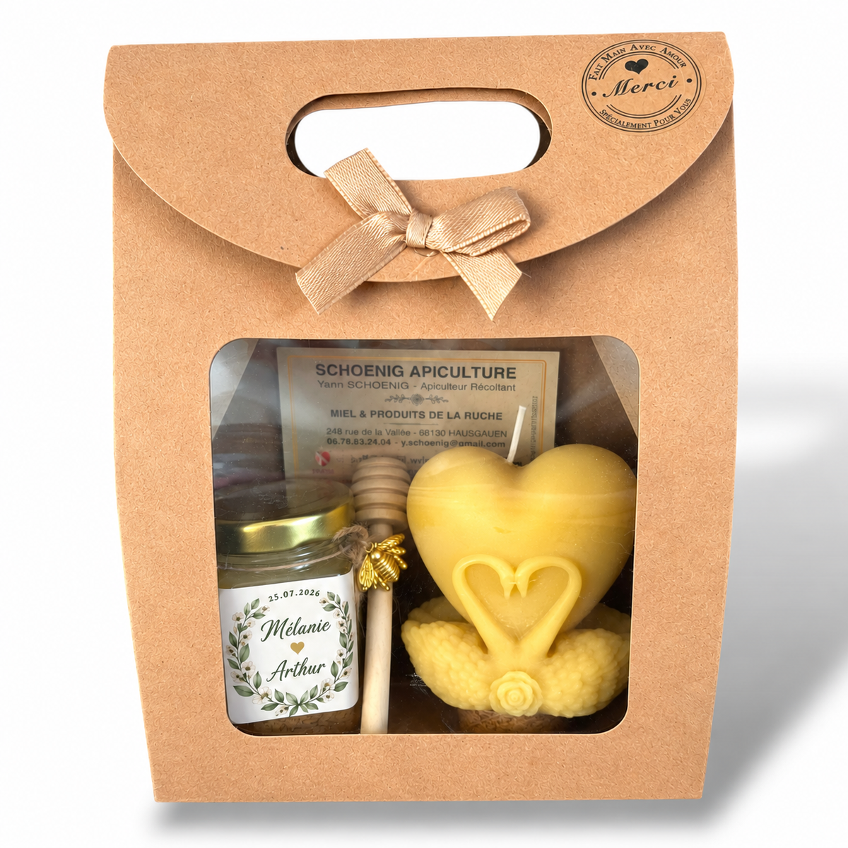 Coffret cadeau mariage personnalisé avec pot de miel, bougie cœur en cire d'abeille et cuillère à miel