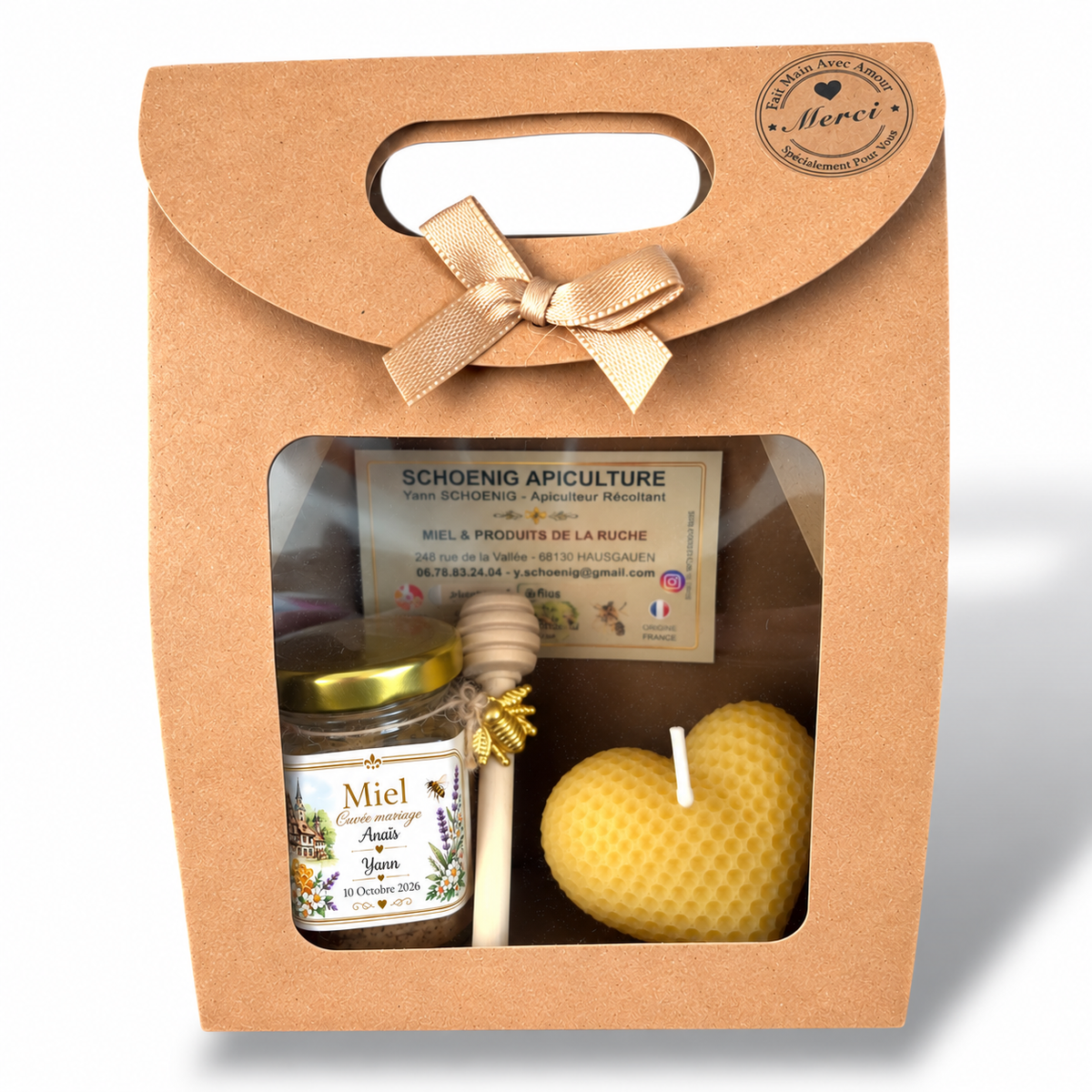 Coffret cadeau mariage personnalisé avec pot de miel, bougie cœur gaufrée en cire d'abeille et cuillère à miel