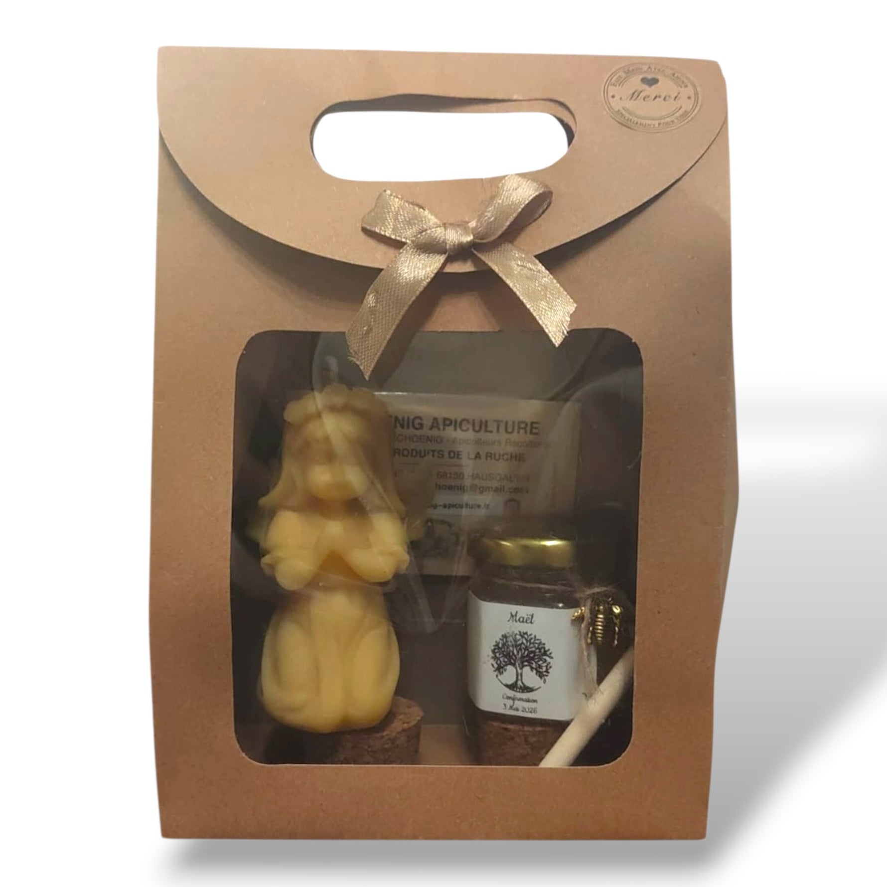 Coffret miel et bougie personnalisé pour invités de communion avec bougie artisanale en forme d’ange