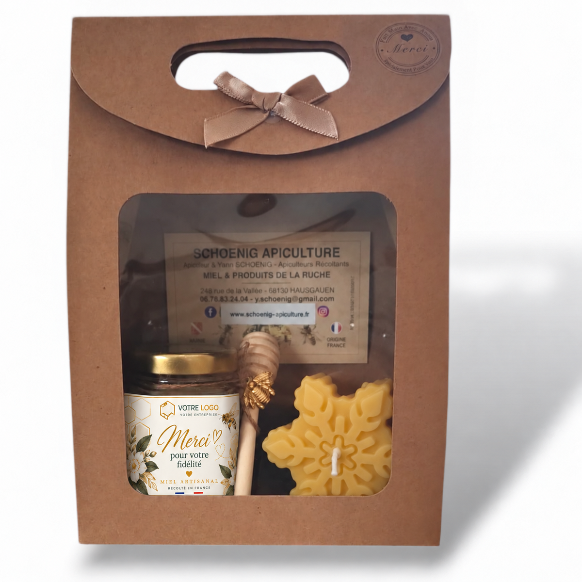 Coffret cadeau entreprise personnalisé avec miel artisanal, bougie flocon en cire d’abeille et étiquette Merci pour votre fidélité