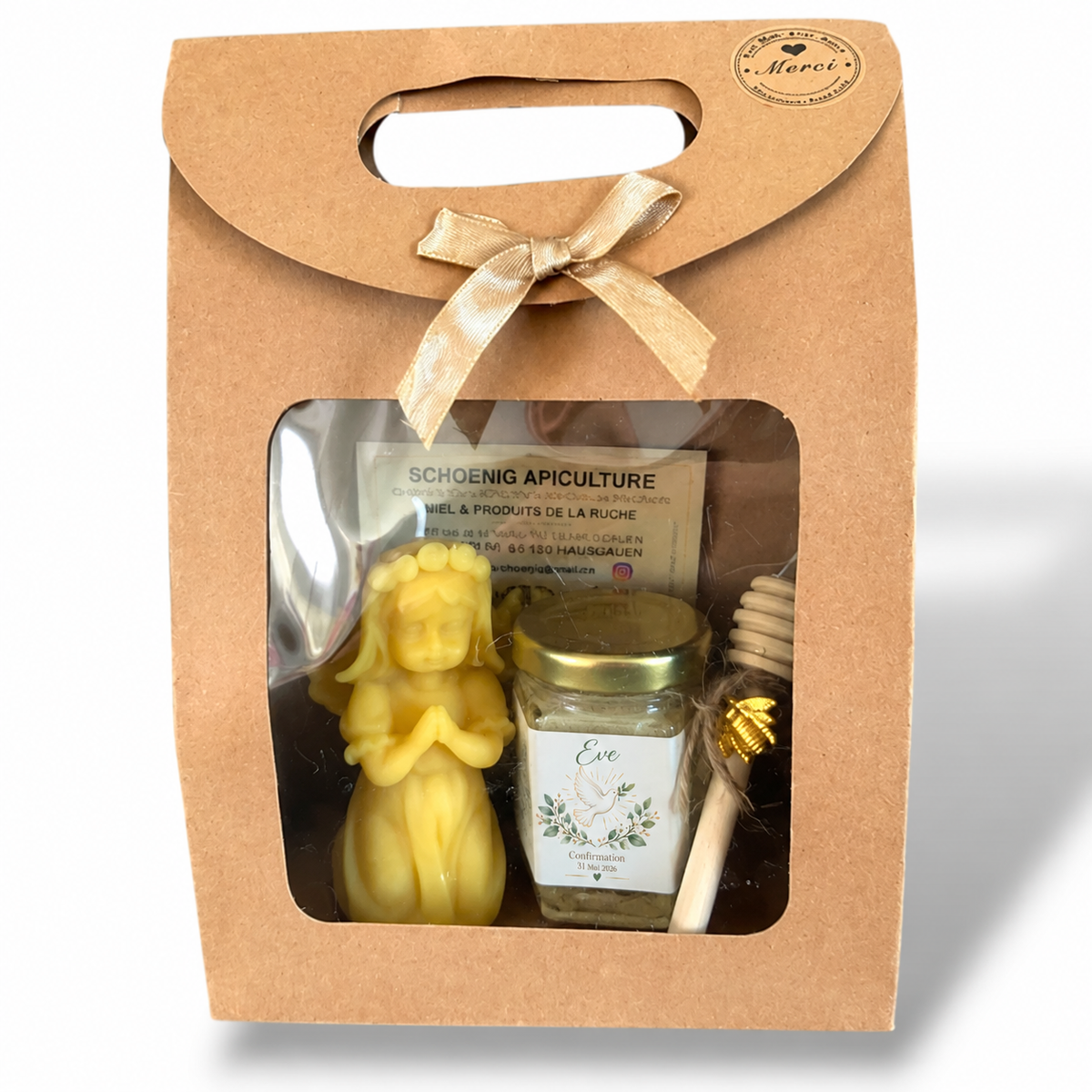 Coffret miel personnalisé communion avec étiquette prénom Eve, cadeau invité événement religieux artisanal