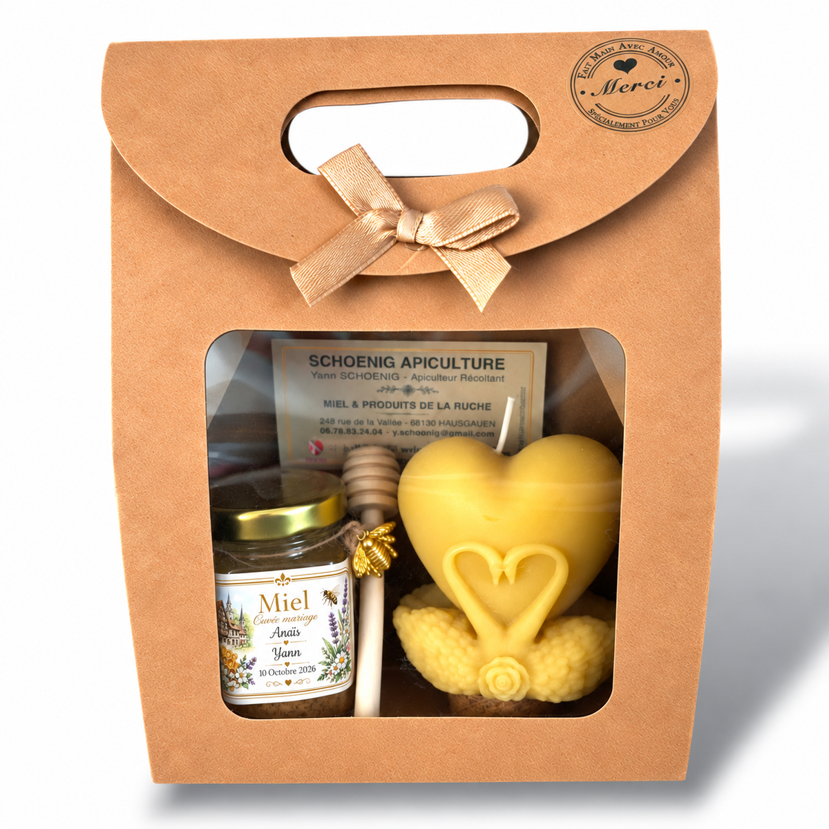 Coffret cadeau mariage personnalisé avec pot de miel Cuvée mariage Anaïs Yann et bougie cœur en cire d’abeille