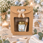 Cadeau invité baptême personnalisé avec coffret kraft, miel artisanal français et cuillère à miel en bois