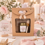 Coffret miel personnalisé pour baptême avec pot de miel artisanal et étiquette Victoire 21 Mars 2026, cadeau invité élégant
