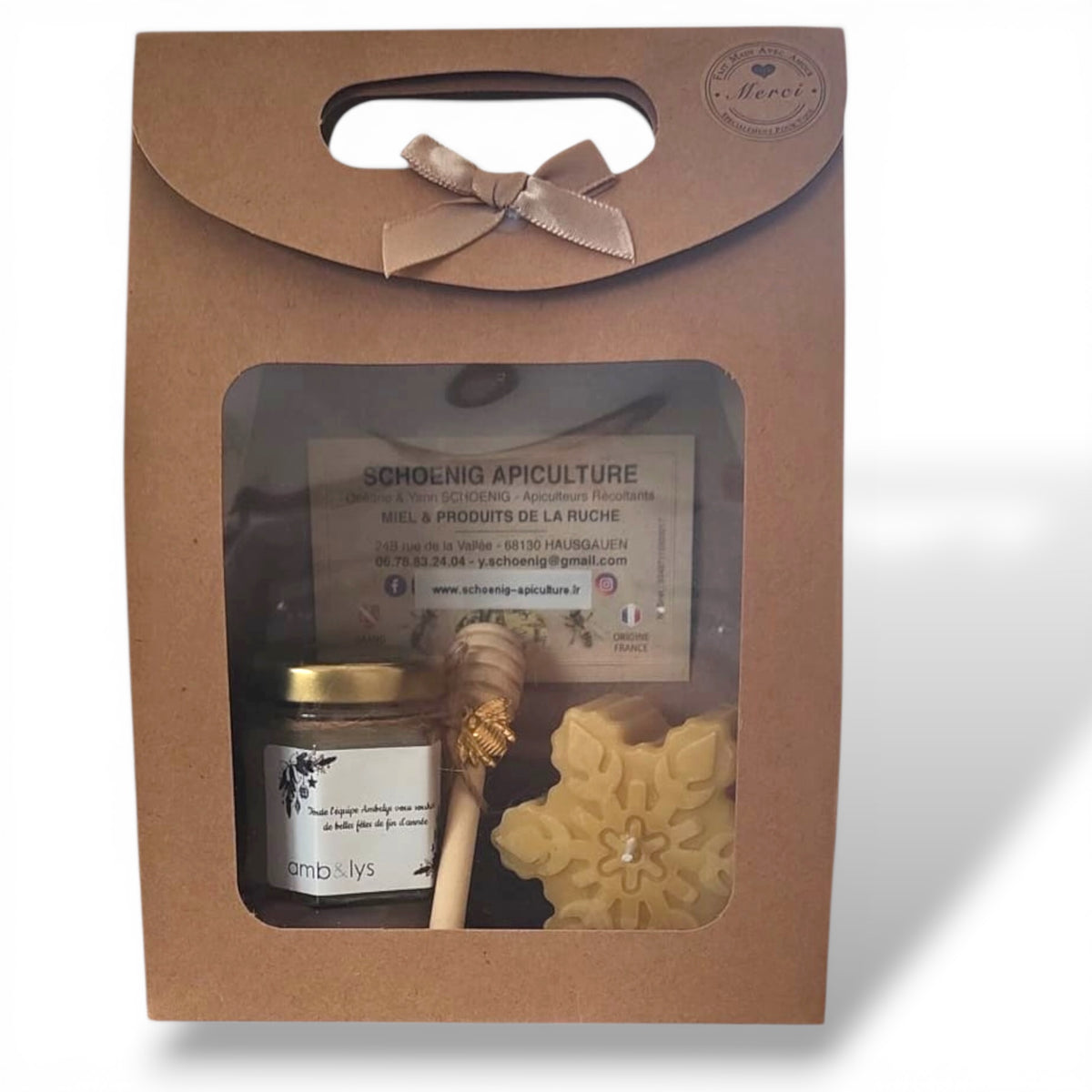 Coffret miel personnalisé avec bougie artisanale en cire d’abeille, cadeau client ou cadeau CSE prêt à offrir dans un coffret kraft