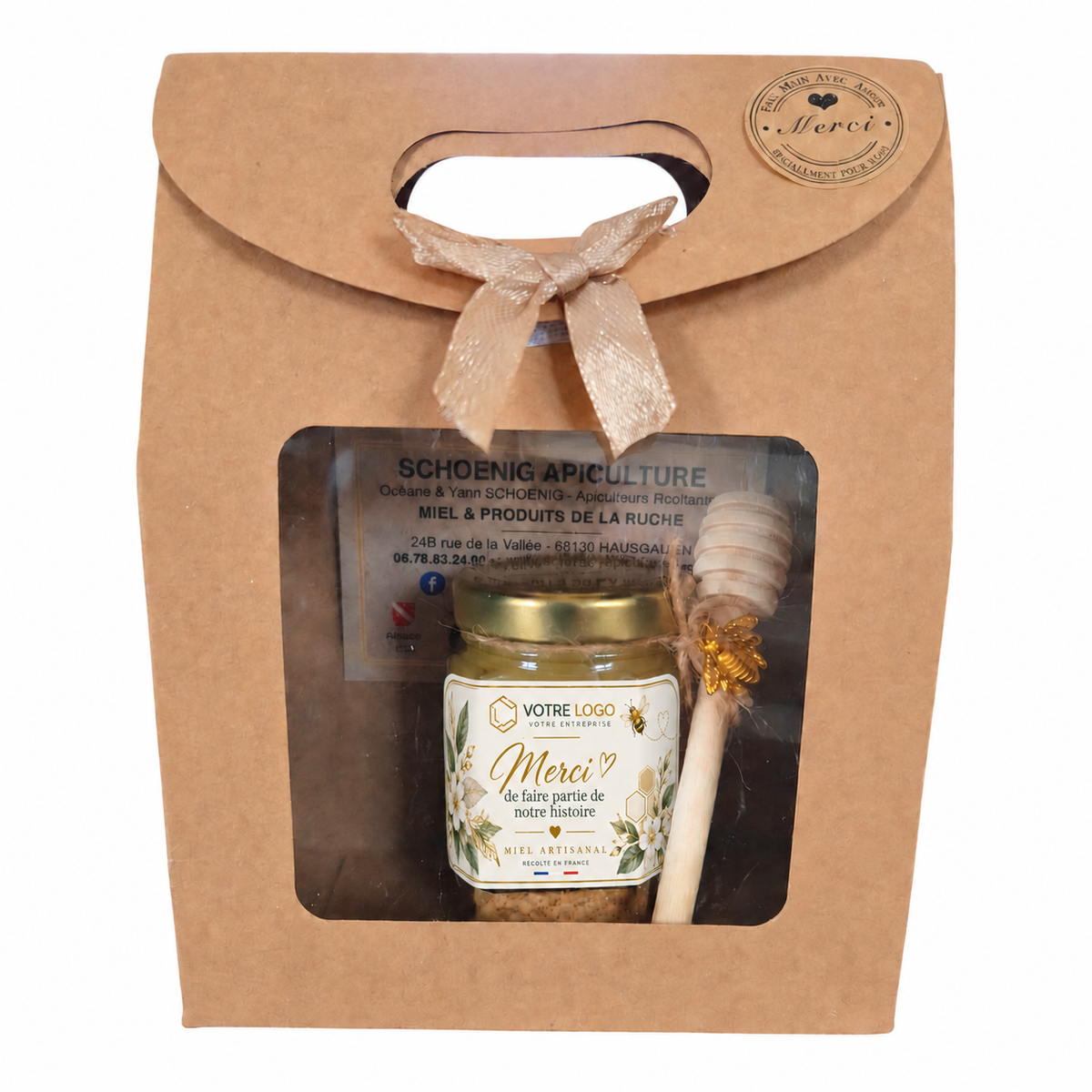 Coffret cadeau entreprise avec pot de miel artisanal personnalisé avec logo, cadeau client CSE fabriqué en France