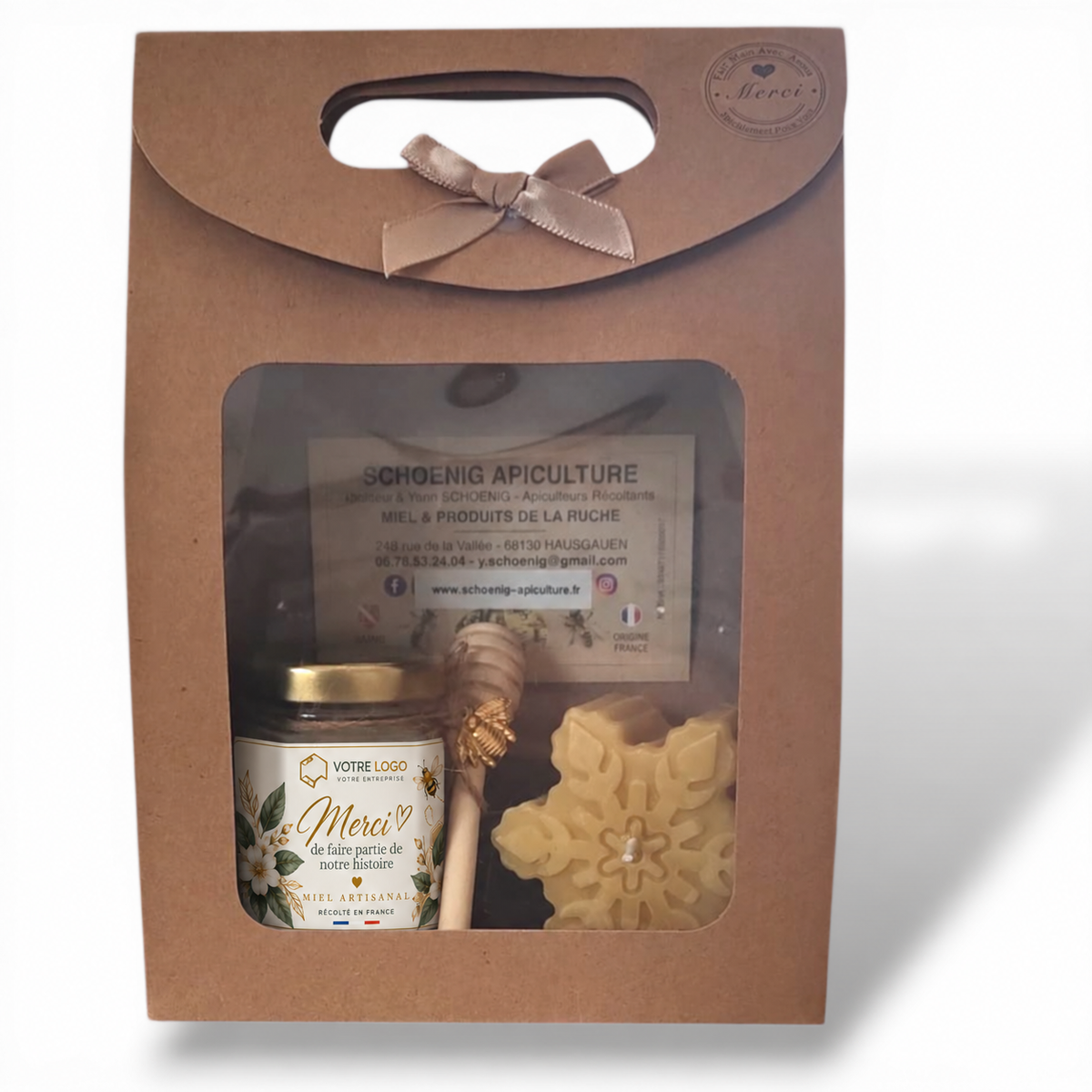 Coffret cadeau client entreprise personnalisé avec pot de miel artisanal et étiquette personnalisée