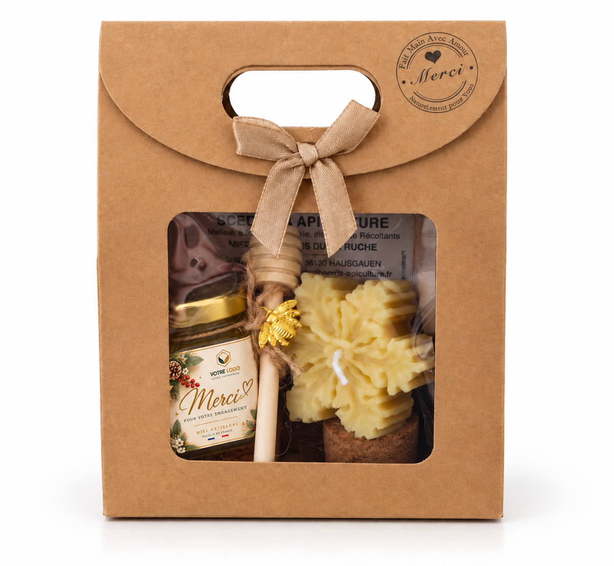 Coffret cadeau collaborateur avec pot de miel personnalisé Merci pour votre engagement, bougie artisanale en flocon et cuillère à miel.