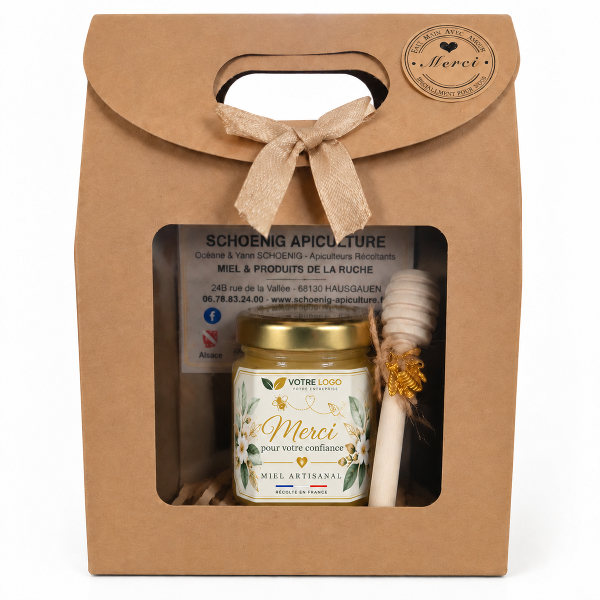 Coffret cadeau entreprise personnalisé avec pot de miel artisanal français, étiquette Merci pour votre confiance, cuillère à miel en bois et emballage kraft