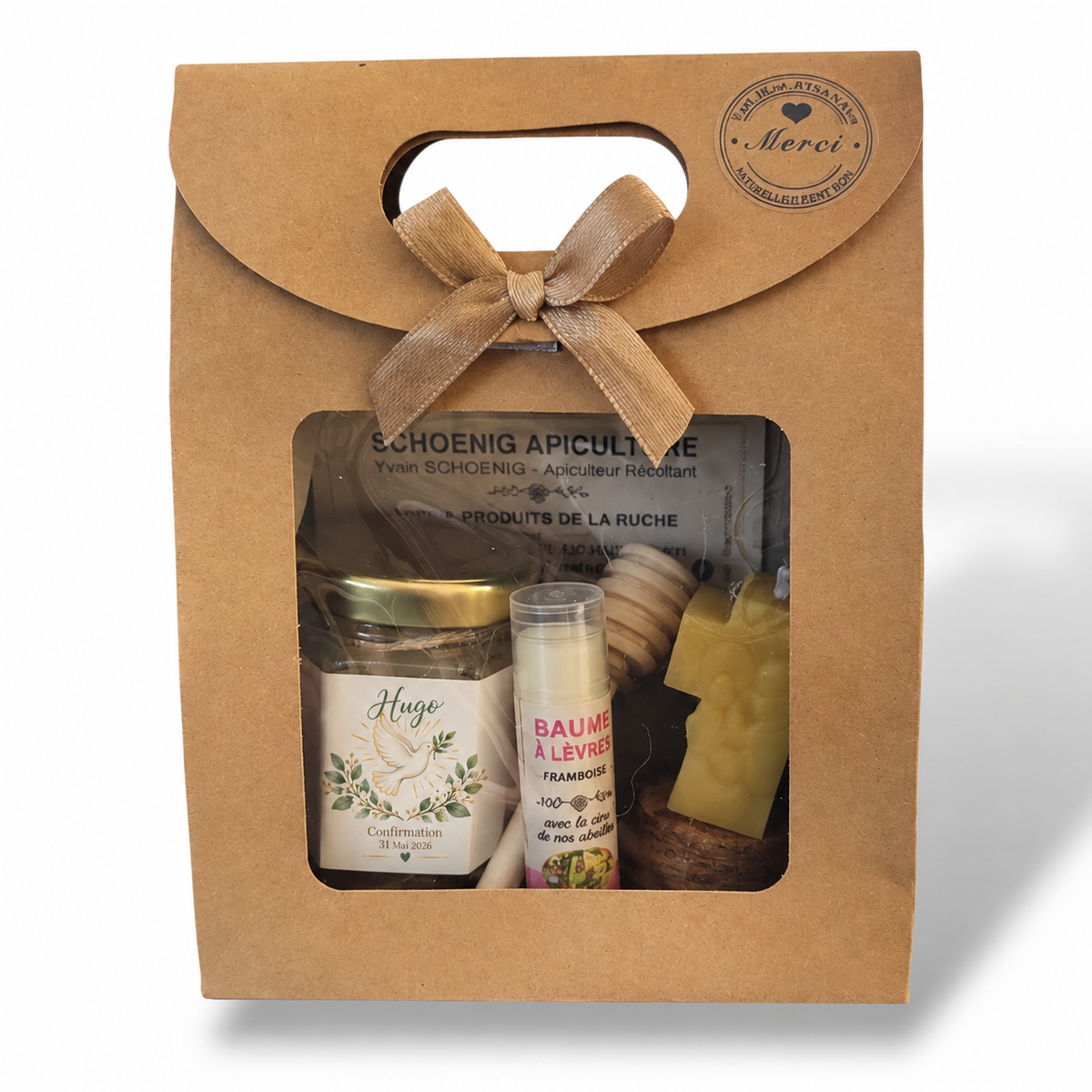 Coffret cadeau miel personnalisé pour communion avec pot de miel hexagonal, baume à lèvres et bougie cire d'abeille