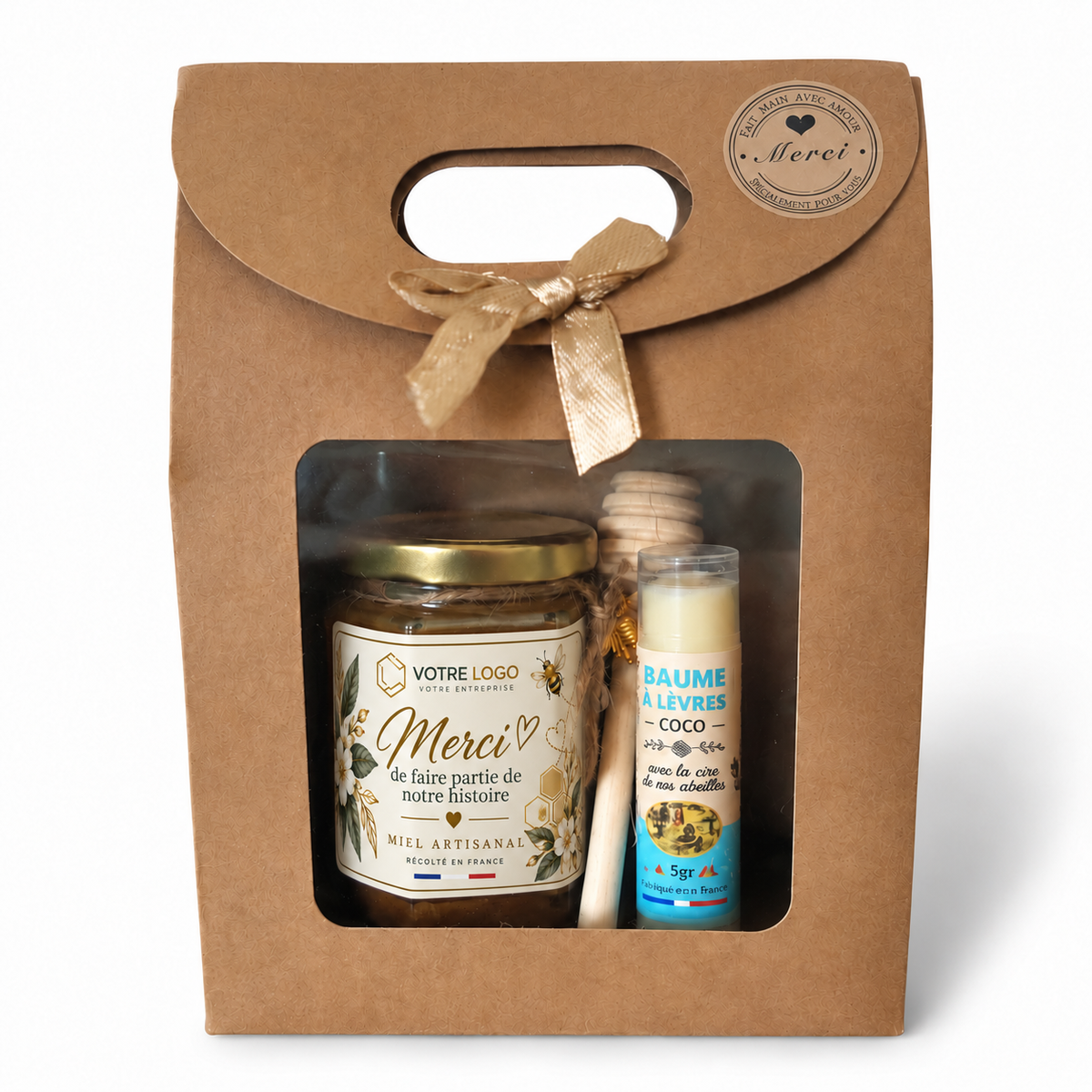 Coffret miel personnalisé pour entreprise, cadeau client CSE avec baume à lèvres artisanal et pot de miel