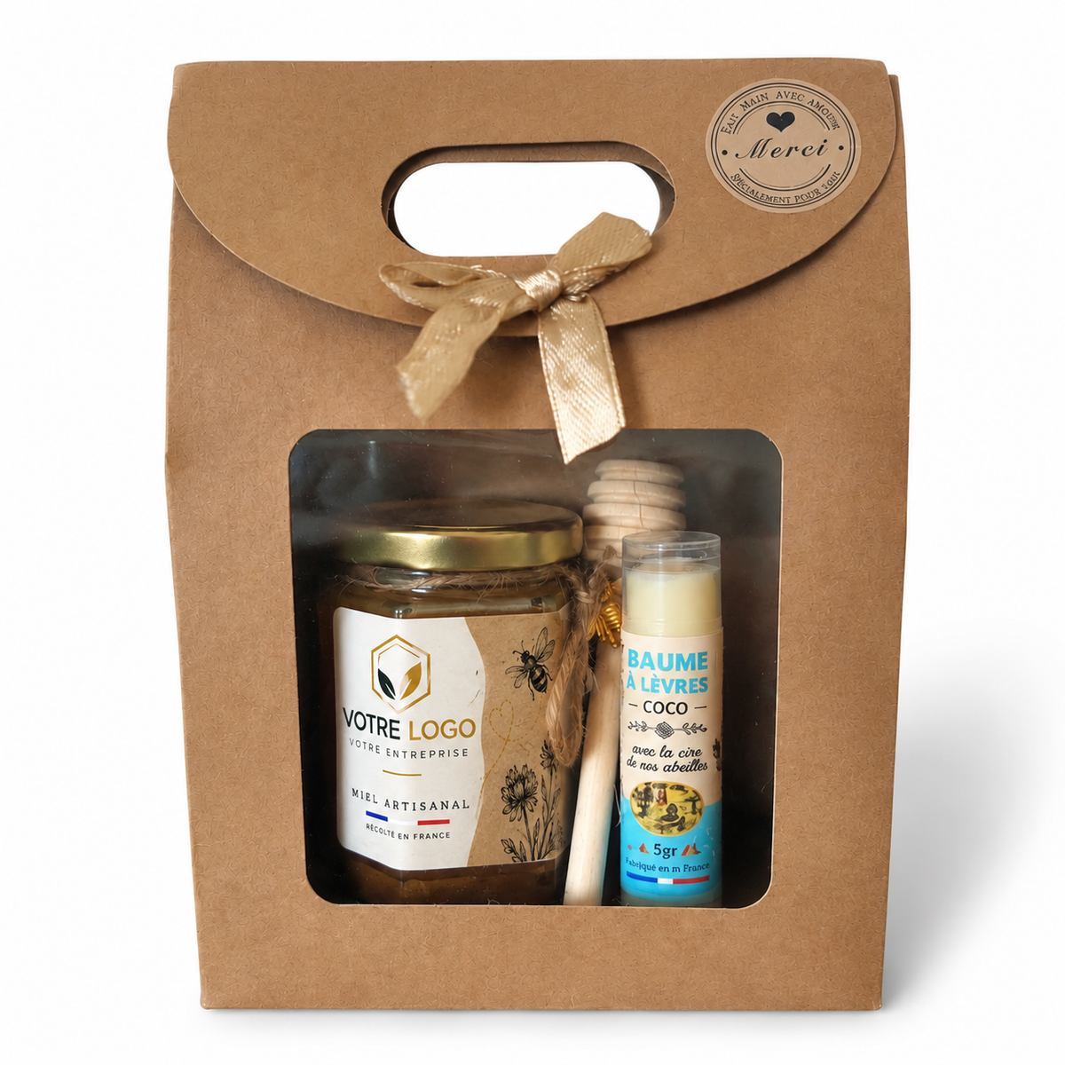 Coffret miel personnalisé pour entreprise, cadeau client CSE avec baume à lèvres artisanal et pot de miel