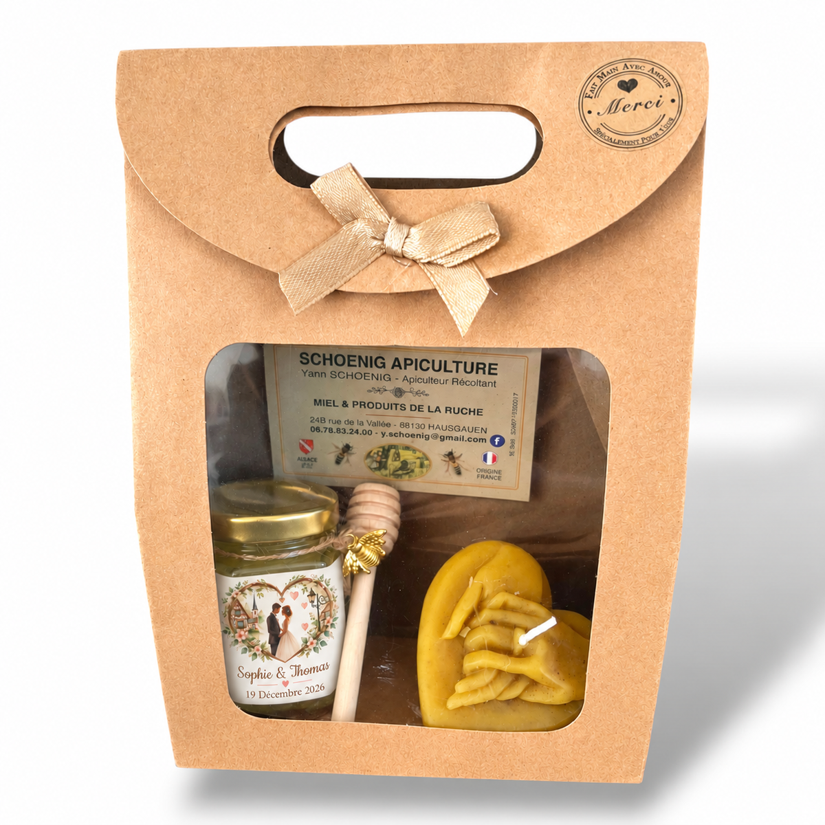 Coffret miel artisanal personnalisé pour mariage avec prénom des mariés, bougie en cire d’abeille et cuillère à miel