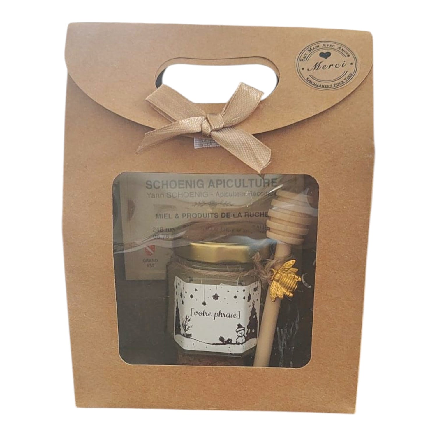 Coffret cadeau personnalisé avec mini pot de miel artisanal, étiquette entièrement personnalisable, cuillère à miel en bois et breloque abeille.
