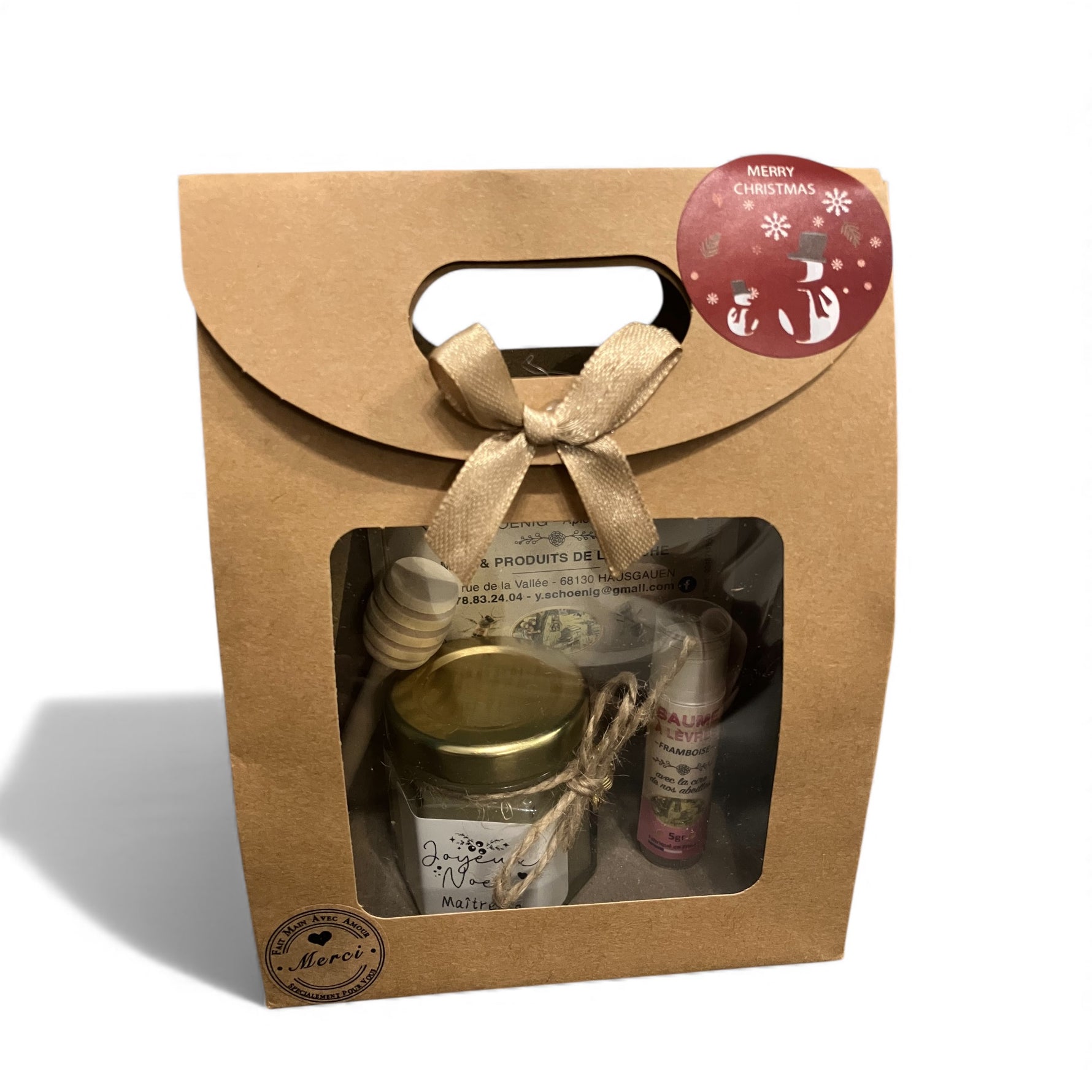 Coffret cadeau de Noël avec miel artisanal et baume à lèvres à la cire d’abeille