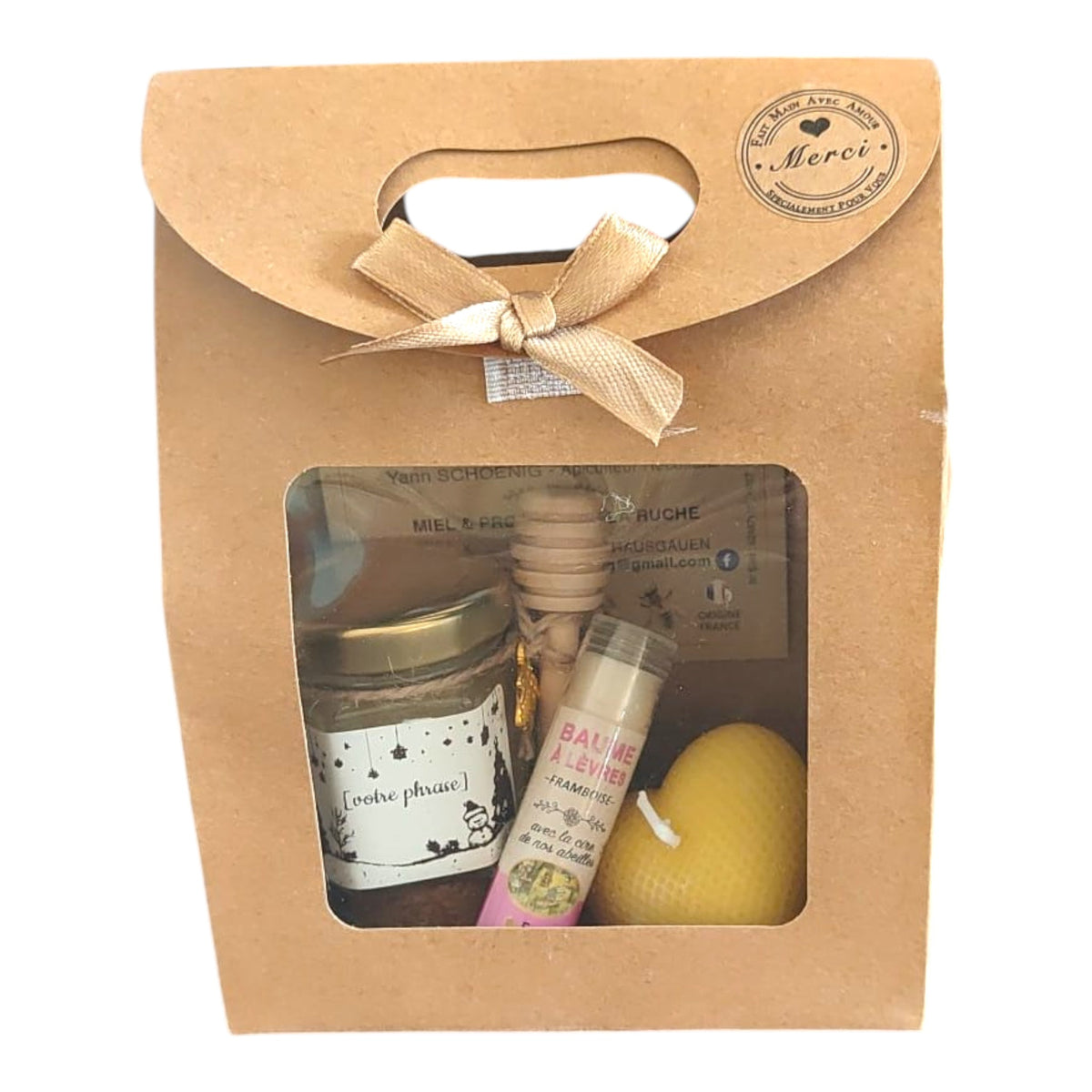Coffret cadeau personnalisé avec miel, baume coco, bougie cœur et étiquette texte libre.