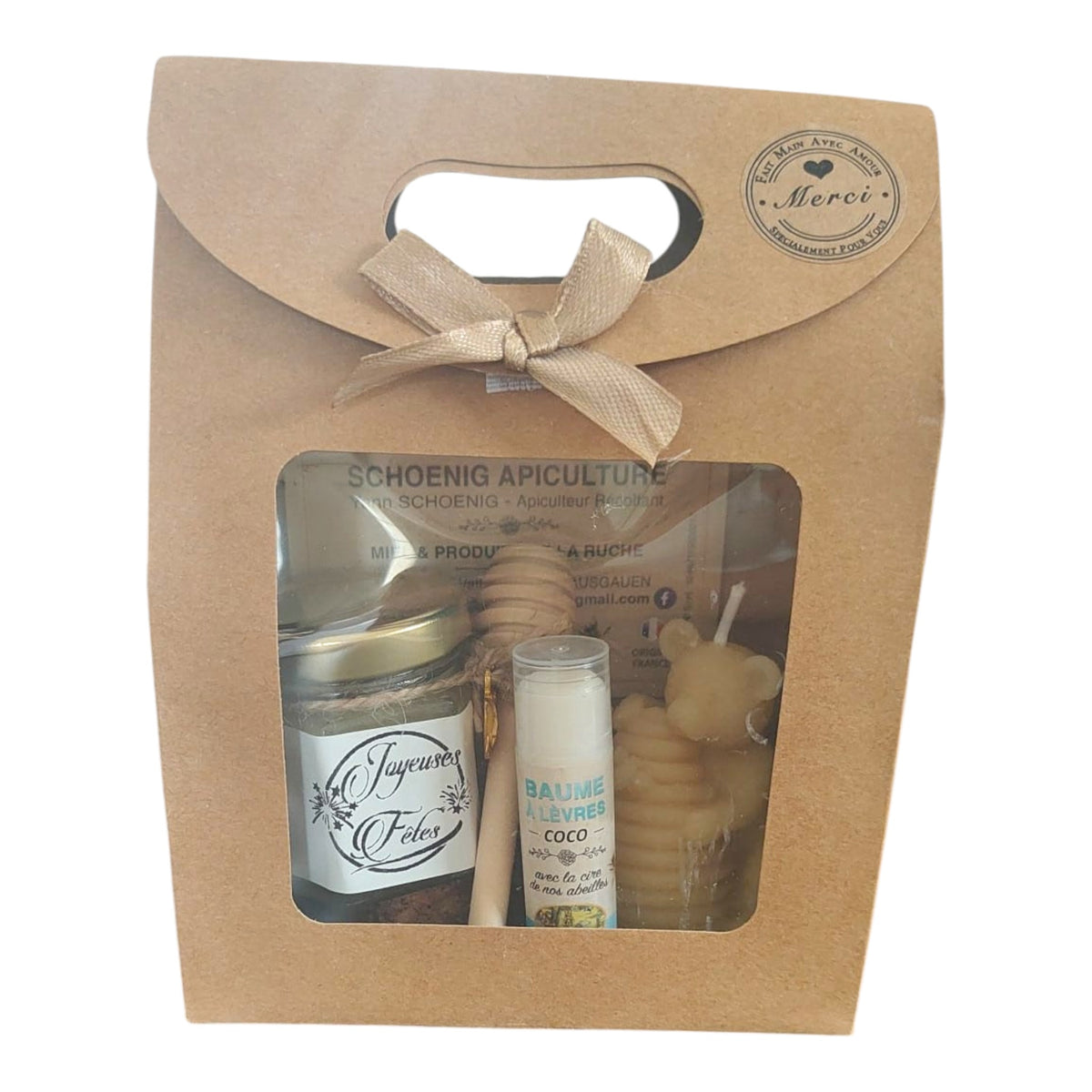 Coffret cadeau Noël avec miel, baume coco, bougie ourson ruche en cire d'abeille et étiquette Joyeuses Fêtes.