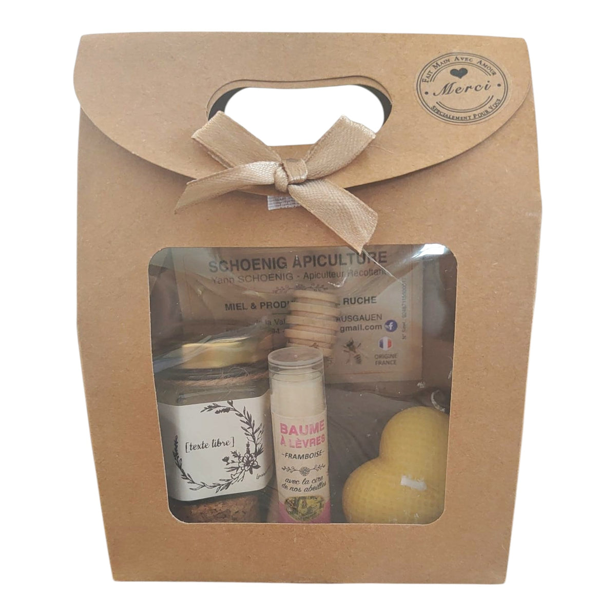 Coffret cadeau personnalisé avec miel, baume framboise, bougie cœur et étiquette texte libre.